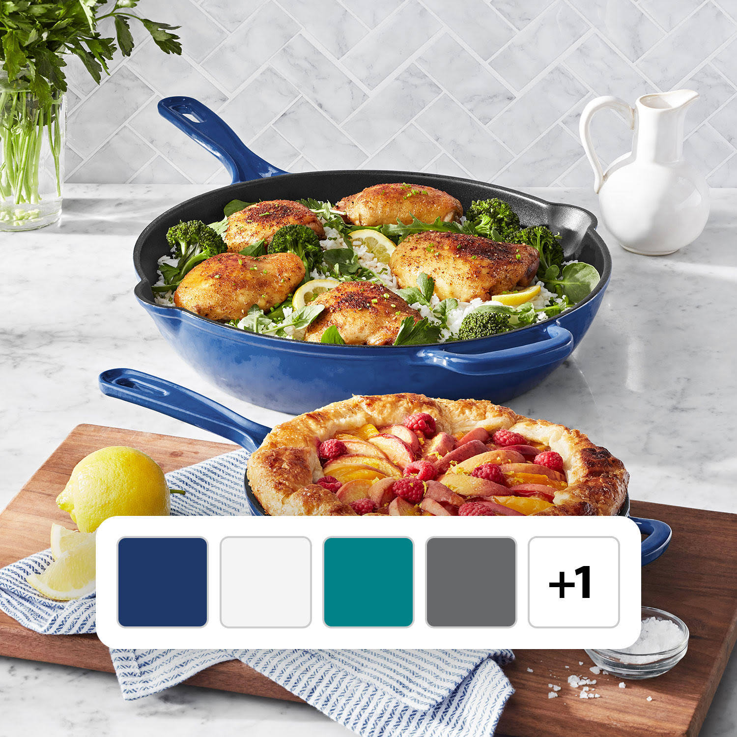 f1d7588b8406ce43c5c6b0c476f5bcb1d6494a5d234a0be8ad7791b1b8f7f68a.jpg Member's Mark 2-Piece Enamel Cast Iron Skillet Set (Blue) - Image 1