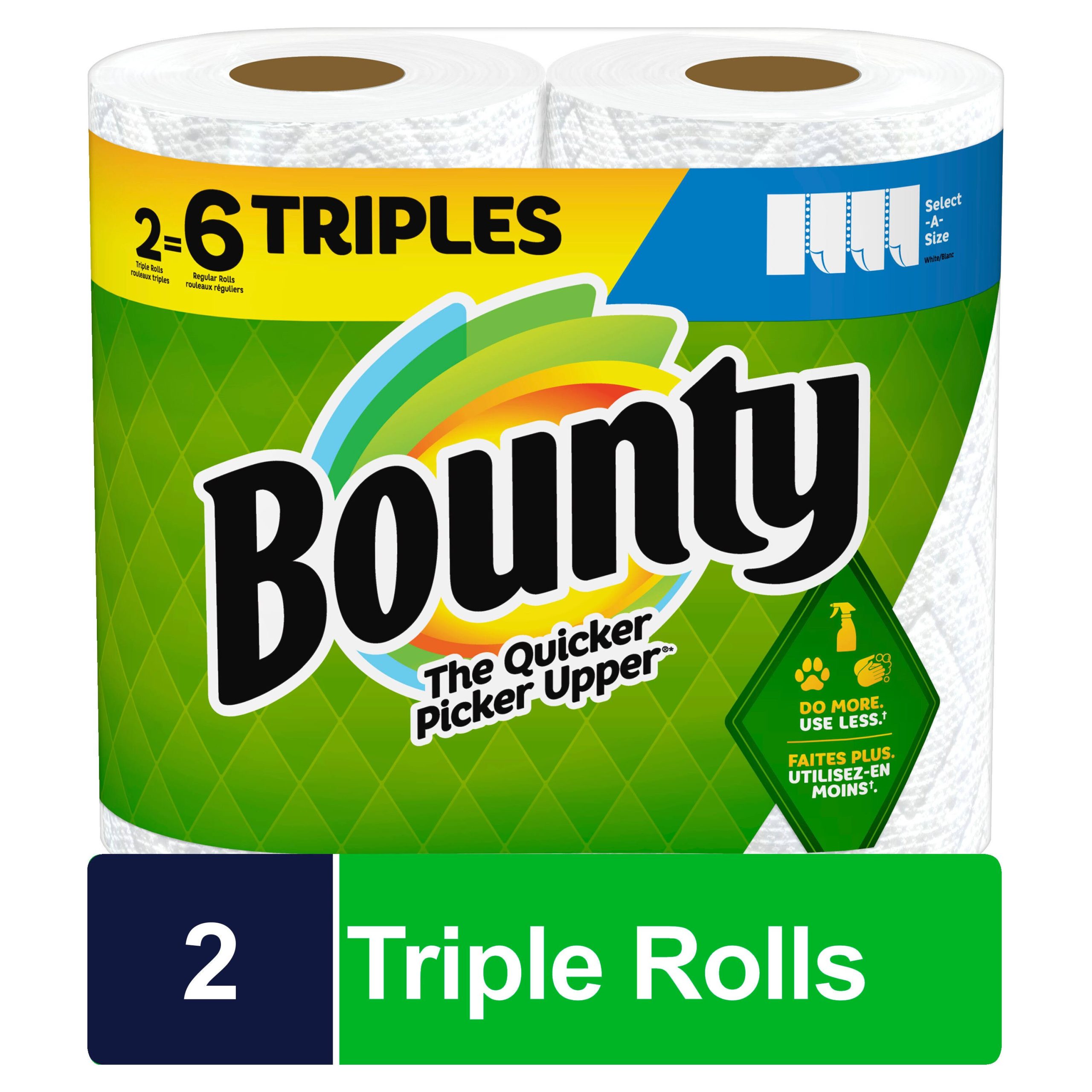 f2250368f096277a11ff1fee201483dd1d7633f983059233c13bd19e6195e43c.jpg Bounty Select-A-Size Paper Towels, 2 Triple Rolls, White - Image 1