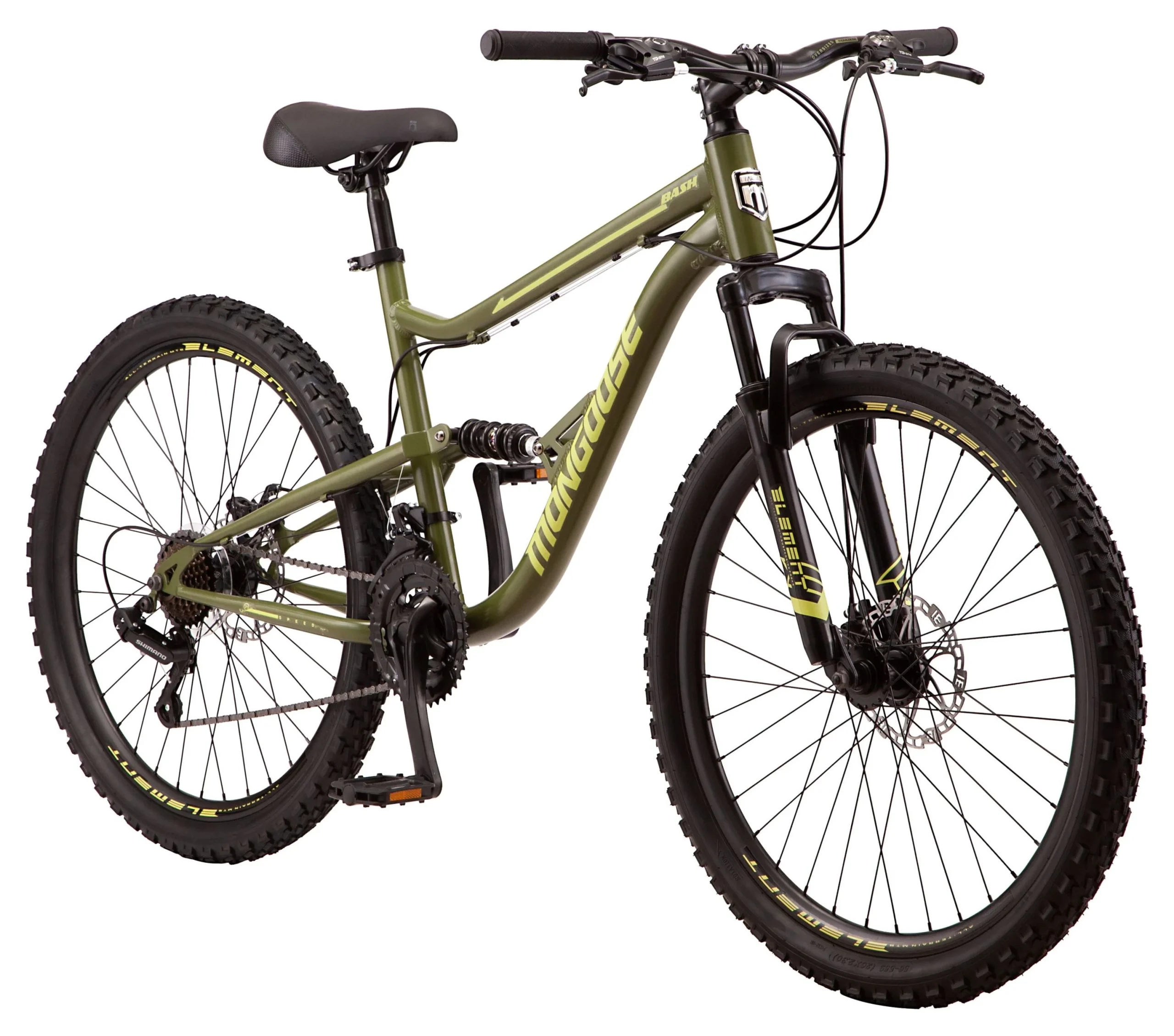 f23bb026943729cbf054758ed816a500ae020bdc7c491cf0f15e1ed1ec79e30e.webp Mongoose Bash Suspension Mountain Bike, 21 Speeds, 26 - Inch Wheels, Green - Image 1