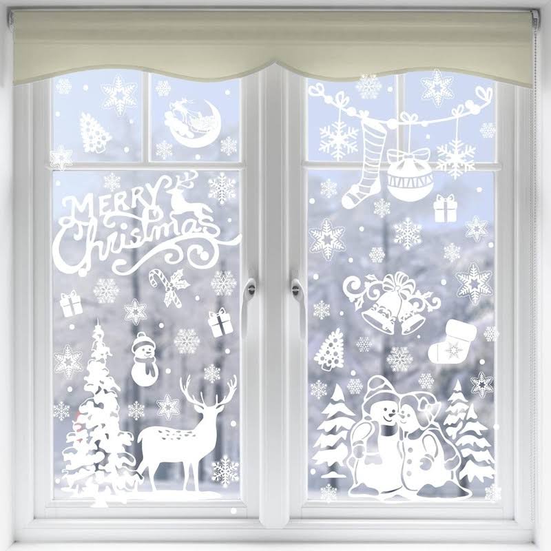 f3188a5bb5c7628b2893a6968aac929acb6f0bdf31d8fa044aa7f86eda767975.jpg VEYLIN Xmas Window Clings Decoration, 141 Static Snow Flakes Stickers Merry Christmas Window Decals for Christmas Party Supplies (8 Sheets) - Image 1