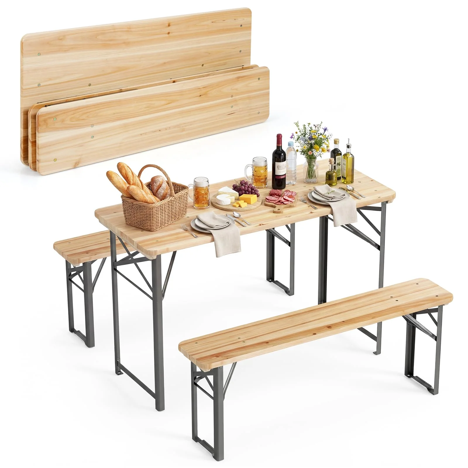 f33eff71dabd9f7b41cdeb5cca685162f597a12875d4b1613e680a84d189200a.webp Tangkula 3 Piece Folding Picnic Table with 2 Benches - Image 1