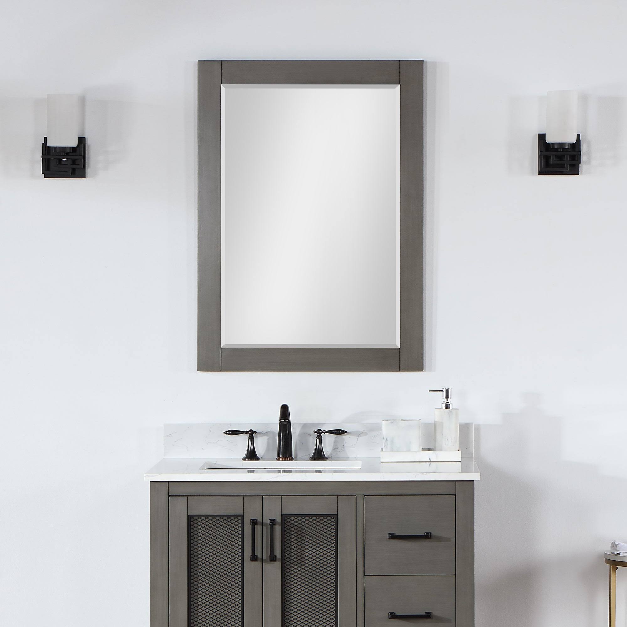 f33faf86cea7ed8250433cc249bc85dabd3fe9ac01ccc57a2a95481a91ed45f7.jpg Ivy 28" Rectangular Bathroom Wood Framed Wall Mirror in Gray Pine - Image 1
