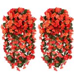 Artificial Fake Hanging Flowers Plants for Outdoor Orange Faux Silk UV Resistant Orchid Vine Bouquet Bundles for Home Outside Garden Wedding Party