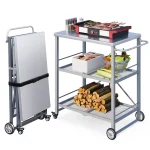 AECOJOY Outdoor Grill Cart Table, Stainless Steel Pizza Oven Stand Trolley Table with Wheels & Handle, Grey