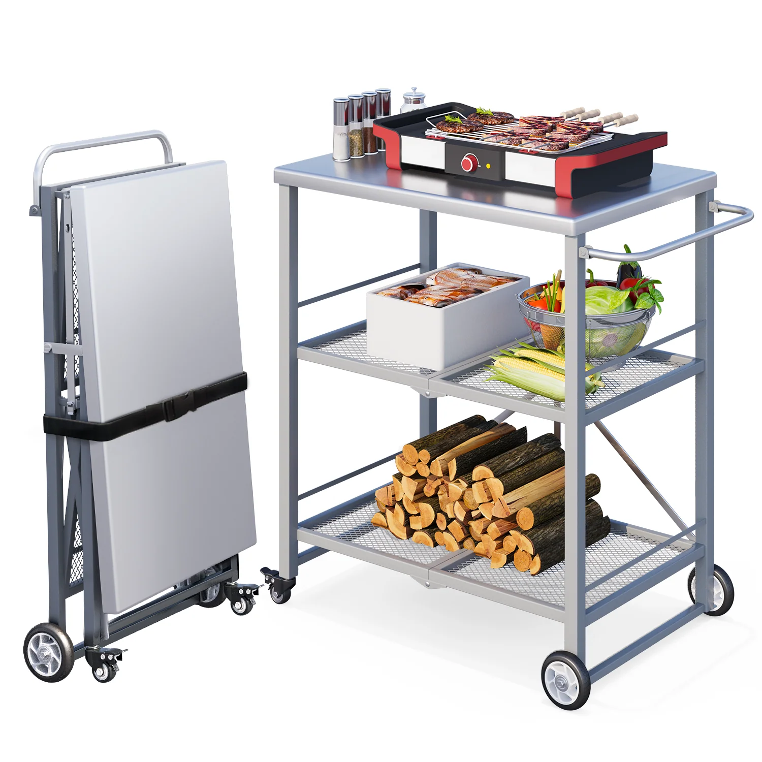 f3998c461d4655c4ef15b26cf2ac4bb4d4423e141e082ad7b6d3cd7261714aa3.webp AECOJOY Outdoor Grill Cart Table, Stainless Steel Pizza Oven Stand Trolley Table with Wheels & Handle, Grey - Image 1