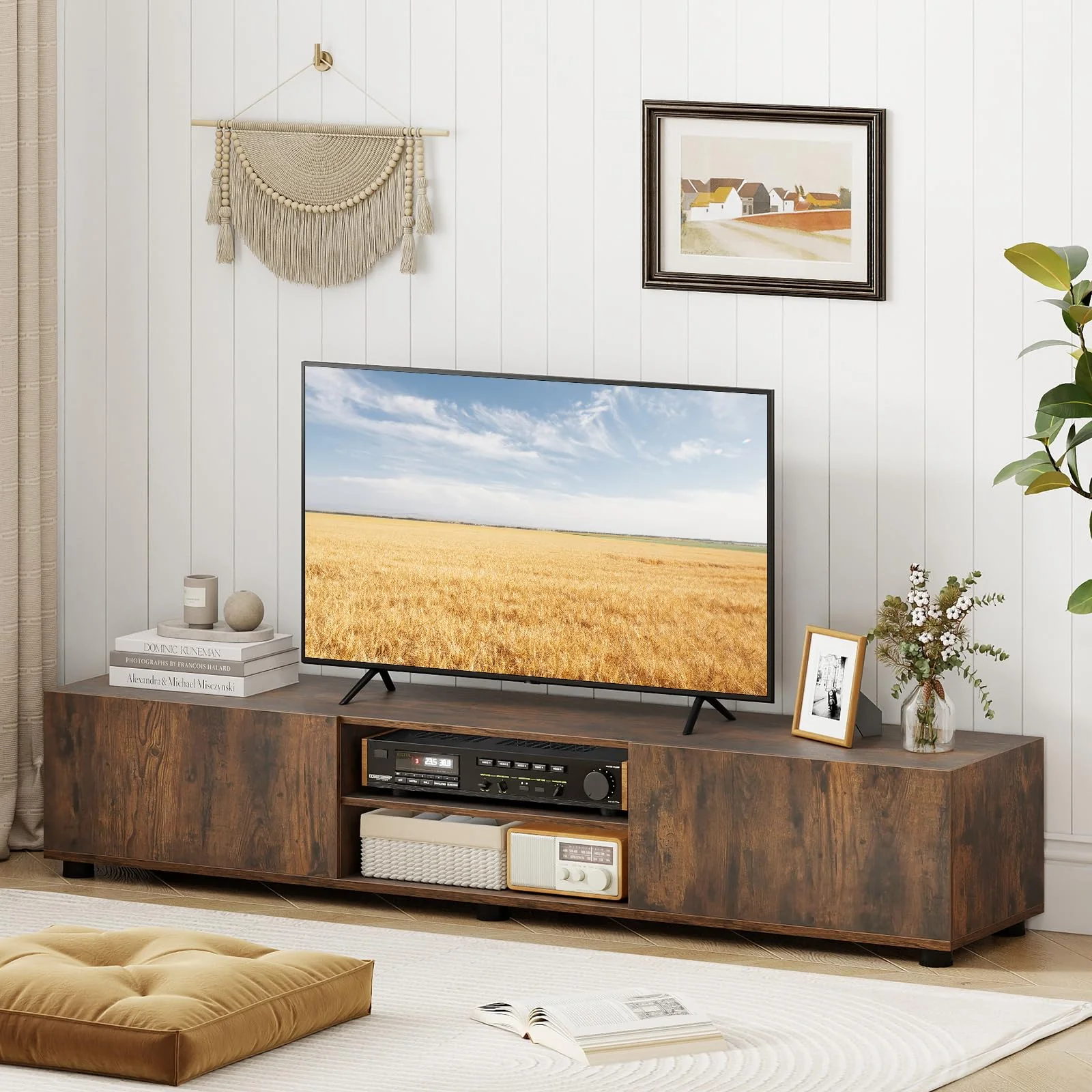 f39ed4e39c1979c36ea703af7710f08c3445335c943cd699d595cdded8bb04d6.webp Tangkula Modern TV Stand 63”L Minimalist Entertainment Center w/ 2 Doors & Open Shelves - Image 1