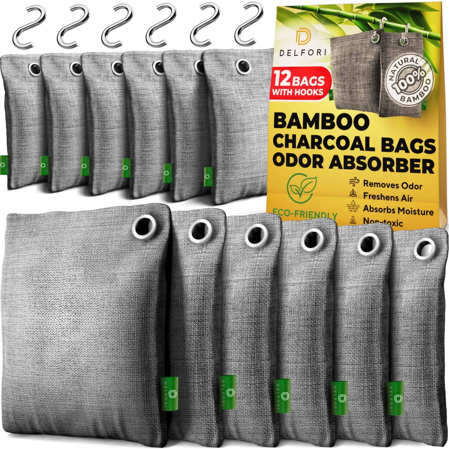 f43ce3a6b659f5c459341ebab9489a11956d1a92d20cb3afcfcfc6fc243616e2.jpg Delfori 12-Pack Activated Charcoal Odor Absorber - Natural Charcoal Bags Odor Absorber for Fresh Home, Closet, Shoes, Car - Premium Bamboo Charcoal - Image 1