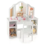 Gymax Kids Vanity 2 in 1 Princess Makeup Desk & Chair Set Safe Tri - Fold Mirror White