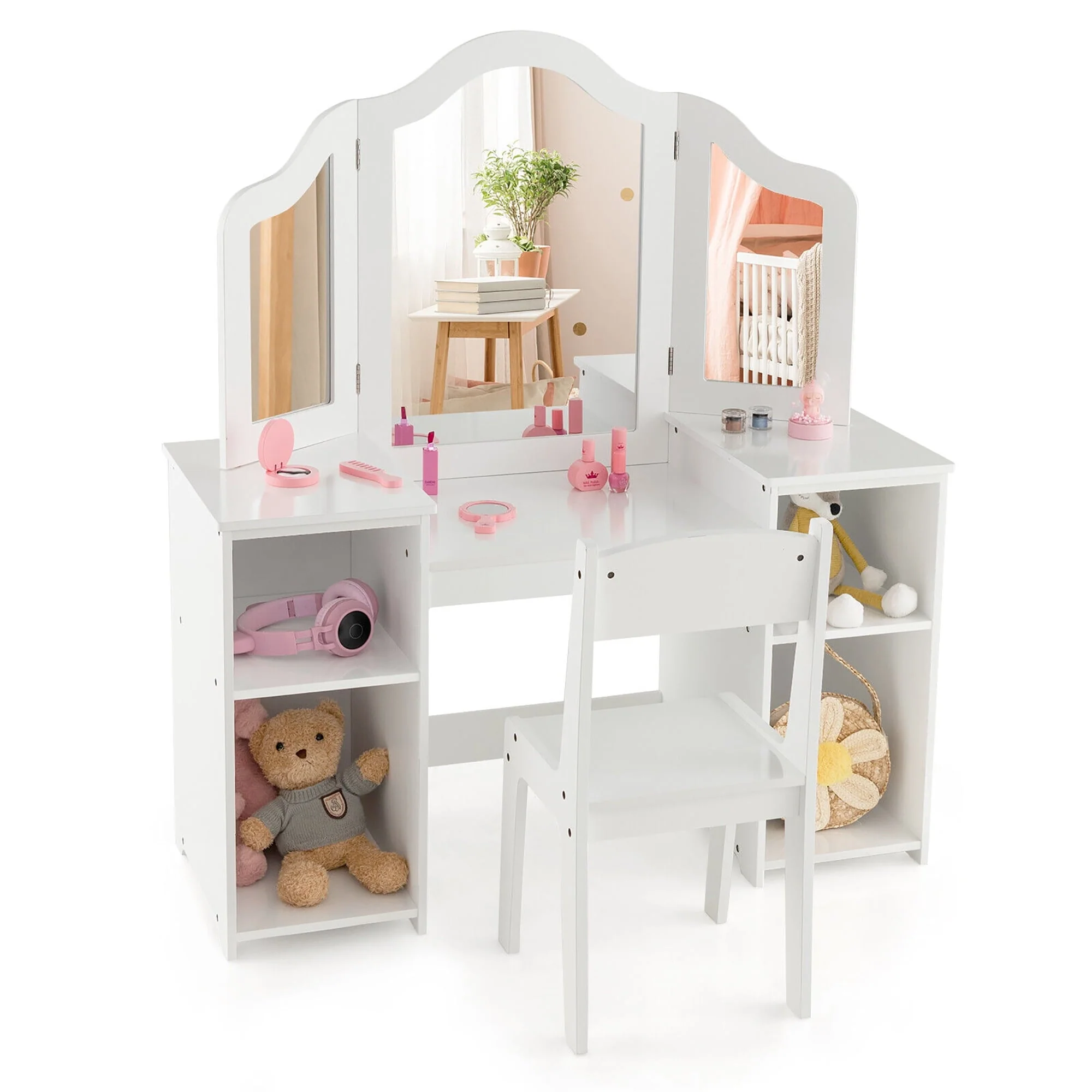f471af296b217c682d7933a3f461e59abff18973e0238317b44f4e0394ce90d3.webp Gymax Kids Vanity 2 in 1 Princess Makeup Desk & Chair Set Safe Tri - Fold Mirror White - Image 1
