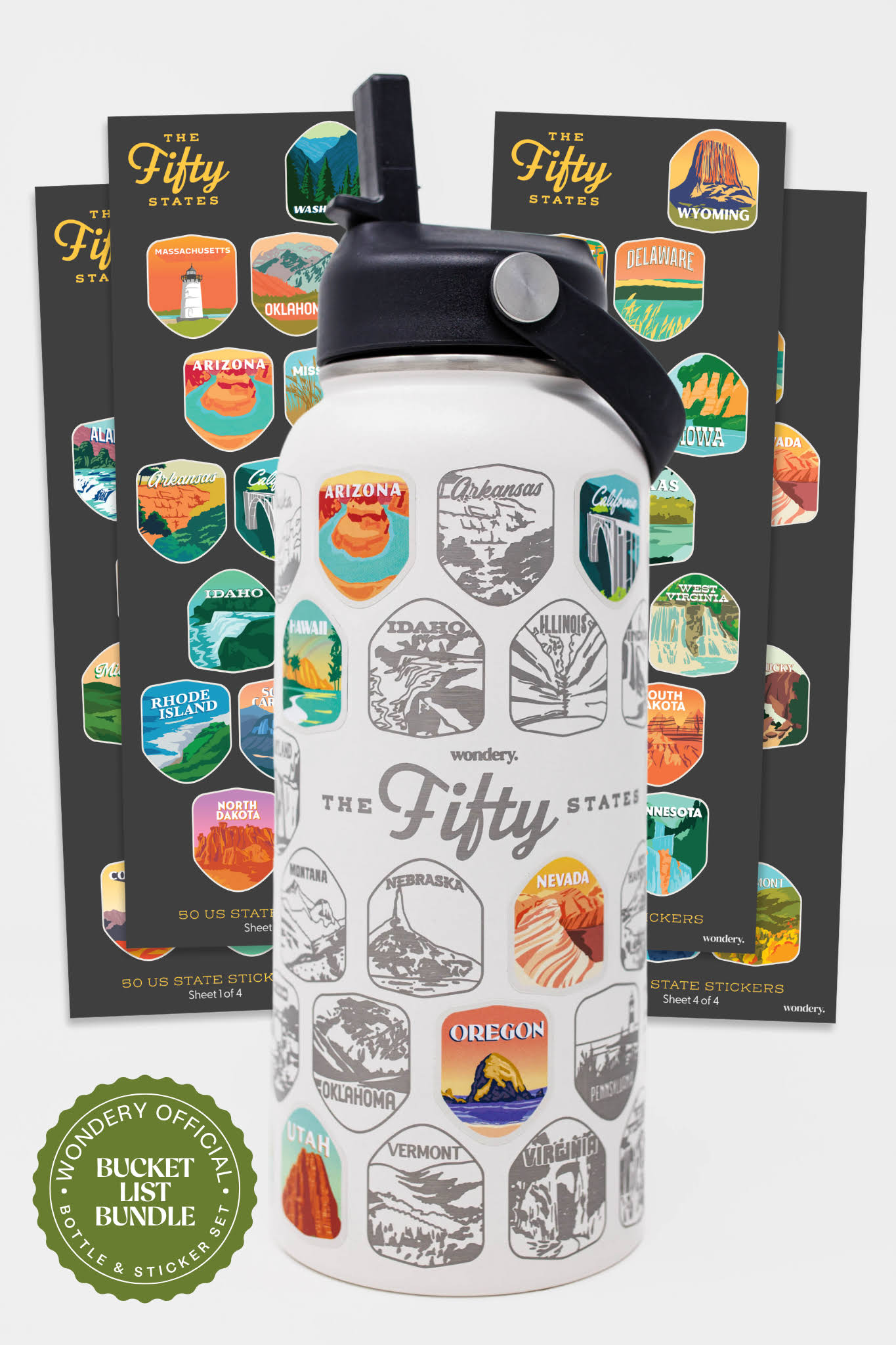 f4a96214802981e1eed07a7af6f3cb9f3706afd894e7738e7da06c7033383474.jpg Wondery Fifty States Bucket List Water Bottle - Image 1