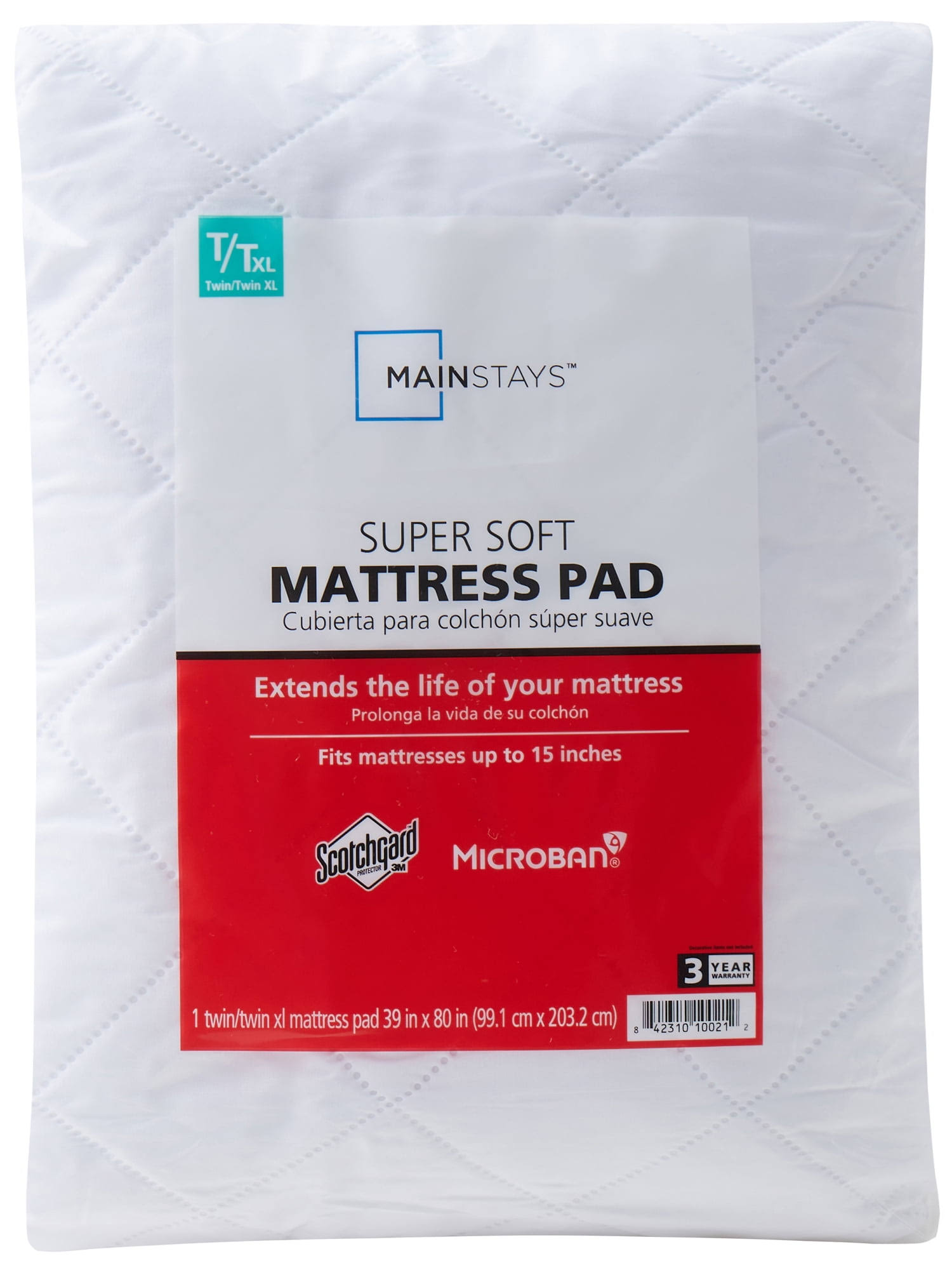 f4c9728d9e8f0234e551aeeb82fefe2dd51cf27ae082cc0fb532a779f97cd574.jpg Mainstays Super Soft Mattress Pad, Antimicrobial, Twin, White - Image 1