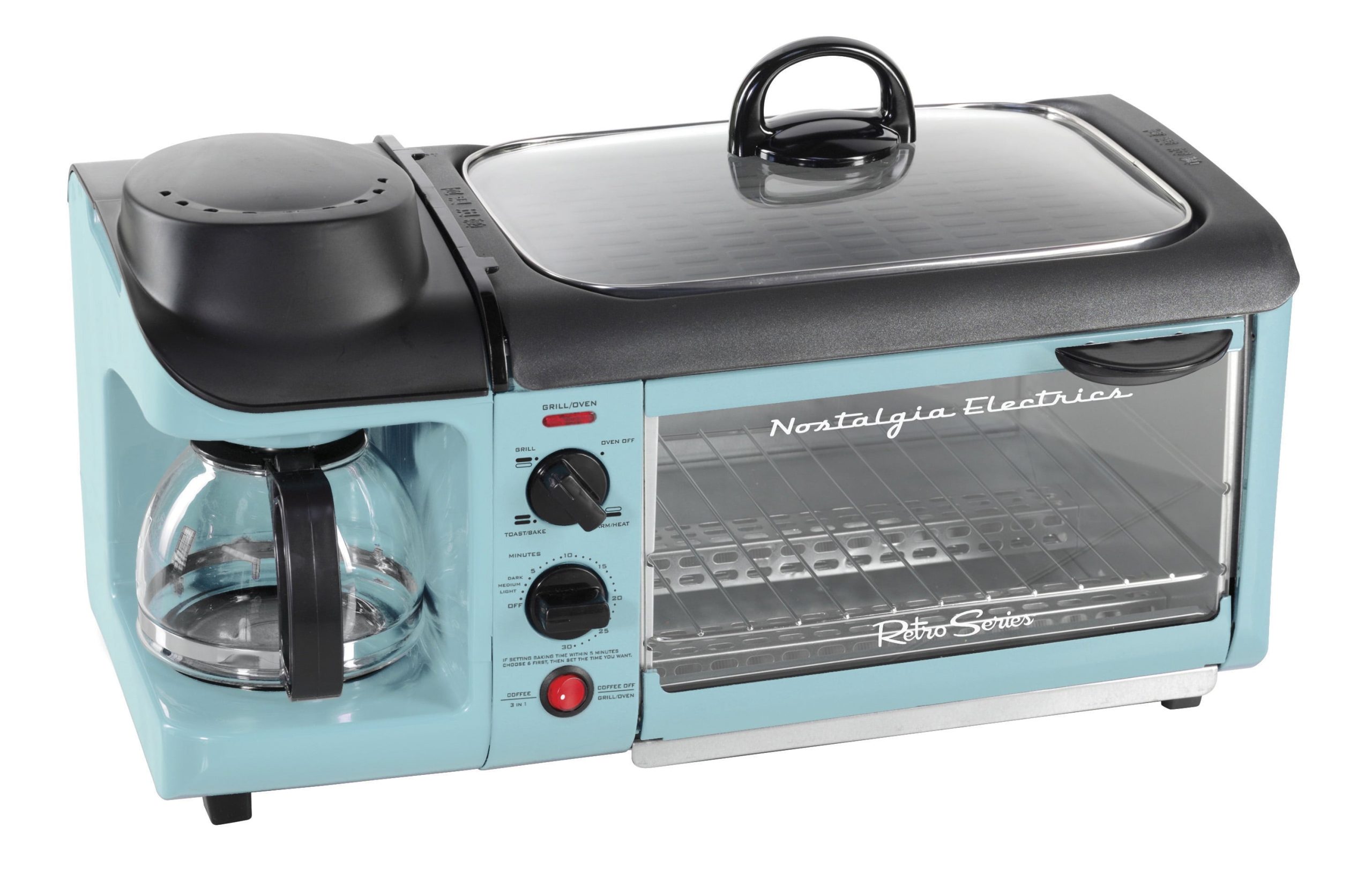 f4d0faeb1e82e966dbed03fa46bc6ef026639c3d2a49280e6ca8d0f1bf5d07c3.jpg BST3AQ Retro 3-in-1 Family Size Electric Breakfast Station. Coffeemaker. Griddle. Toaster Oven - Aqua - Image 1