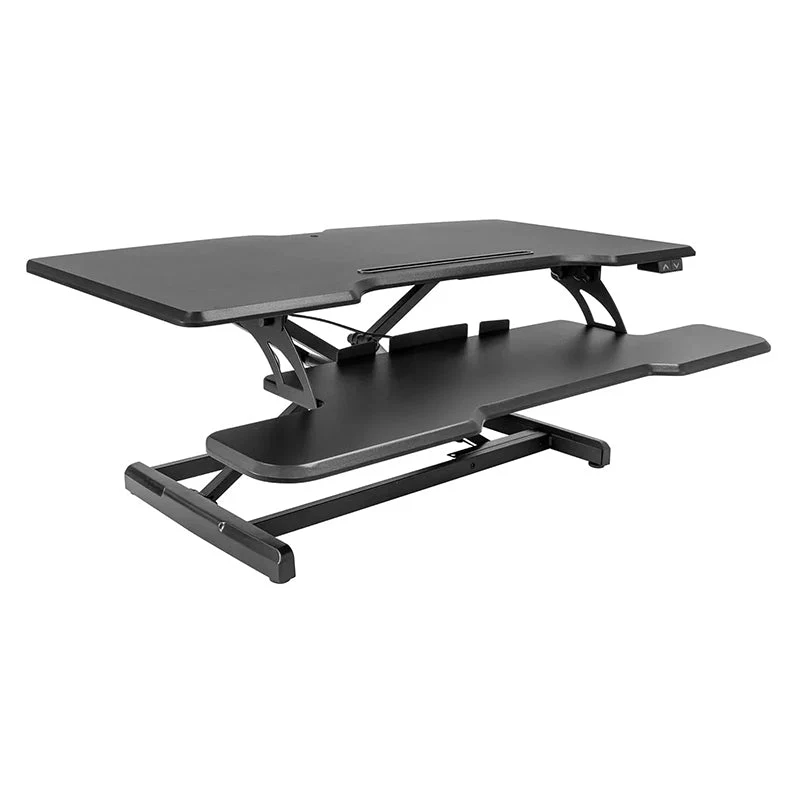 f4d7cfba31614a528a2f825ff31f633ce343522cdb11c2257ea8066729a3a948.webp Electric Standing Desk Converter with 38Tabletop. Height Adjustable Sit Stand Desk Riser. Motorized Desk Riser with Keyboard Tray and Device Slot. Fits Monitor & Laptop. Black - Image 1