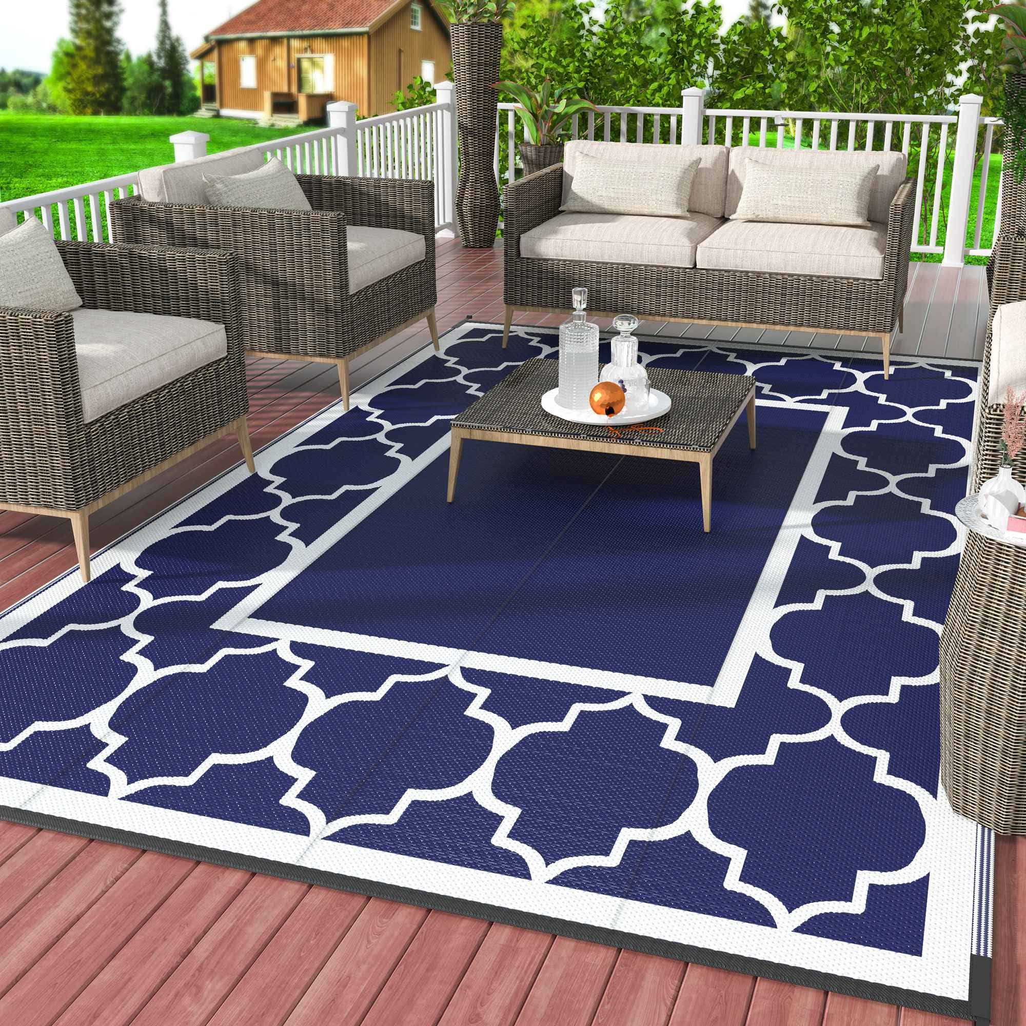 f54976ab2a08bb508ccc08b6e74717c5a5600b299b11aa0d4984f54f0550f91b.jpg DEORAB 5'x8' Outdoor Rug for Patio Clearance,Reversible Straw Plastic Waterproof Area Rugs,Blue & White, Size: 5' x 8' - Image 1