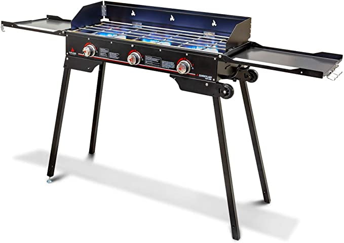 f54e243dbc52afa086c73d14224523097a465ebb1faf780c93e5f86ae026045f.jpg Living Portable Camping Stove - 3 Zone Propane Gas Burner Controller With Auto Ignition - 2 Folding Cook Stations - Adjustable Leg - Image 1