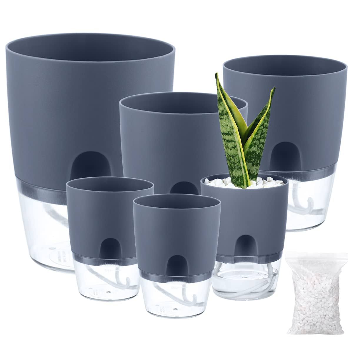 f55f184b54814a0aa31c5b443313c34cf6f6dad5c8329430593aa41645c673d9.jpg Planterhoma Self Watering Pots for Indoor Plants, 6 Pack, 3.2/4/6 inch, Grey - Image 1