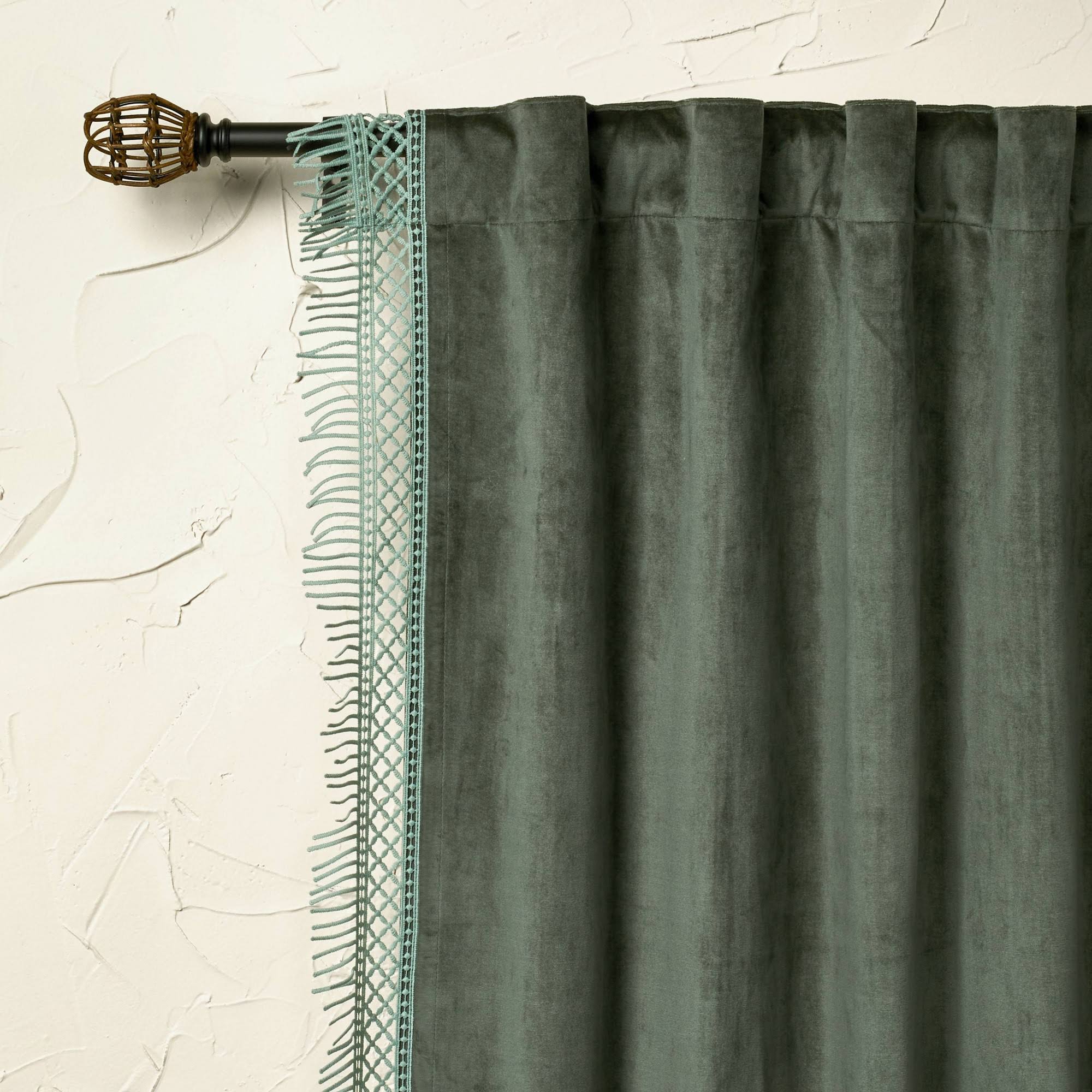 f58bbbc8bc4244f6329691d1fe49394184961186ce8ad5718bc12823c3e9afed.jpg 54"x84" Light Filtering Velvet Macrame Trim Window Curtain Panel Teal - Opalhouse Designed with Jungalow - Image 1