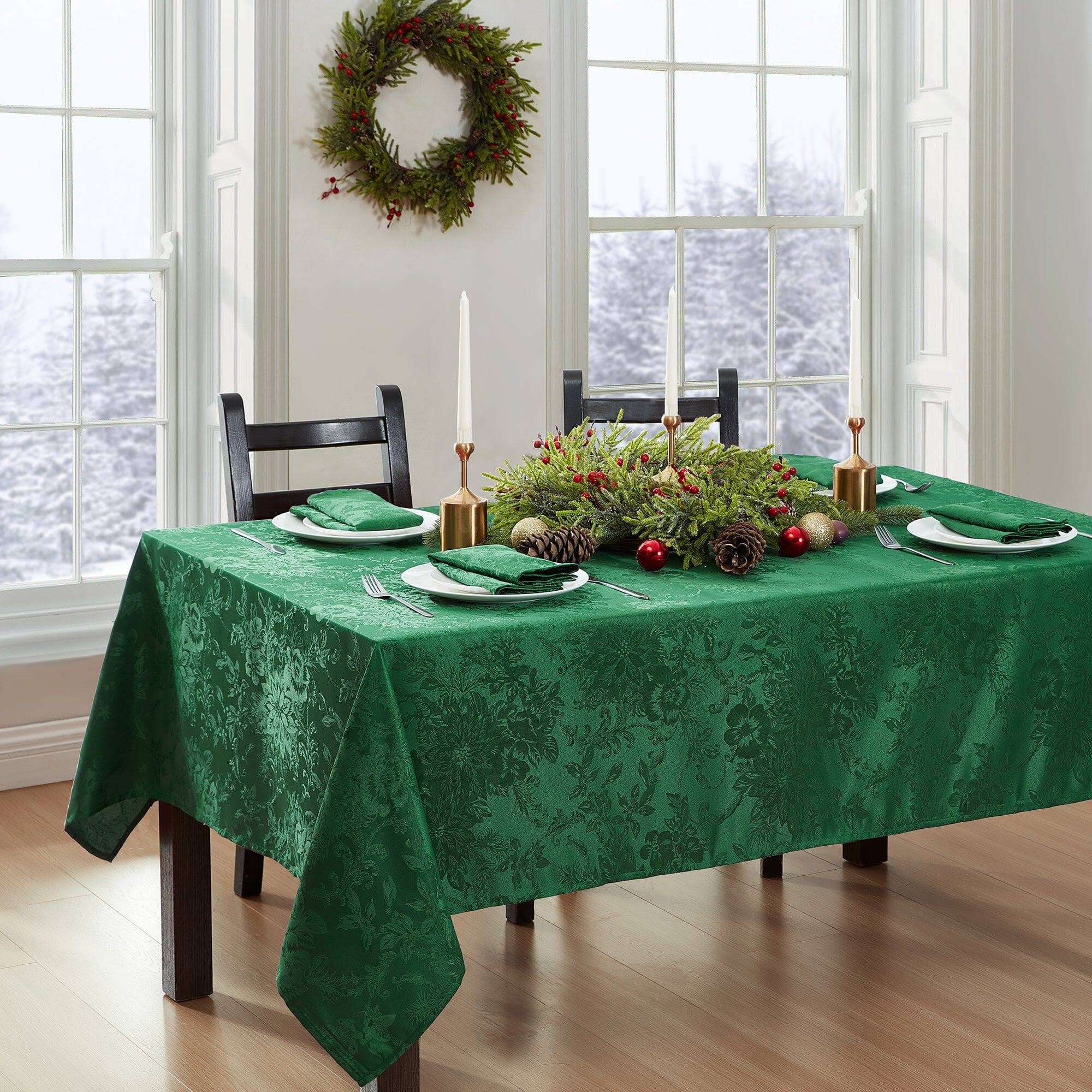 f58dec2028f70def603d0addd3677f2acdf782d1ada1eb8804fc527fd3a409b4.jpg Elrene Poinsettia Elegance Jacquard Holiday Tablecloth - 60" x 84" Oblong - Green - Image 1
