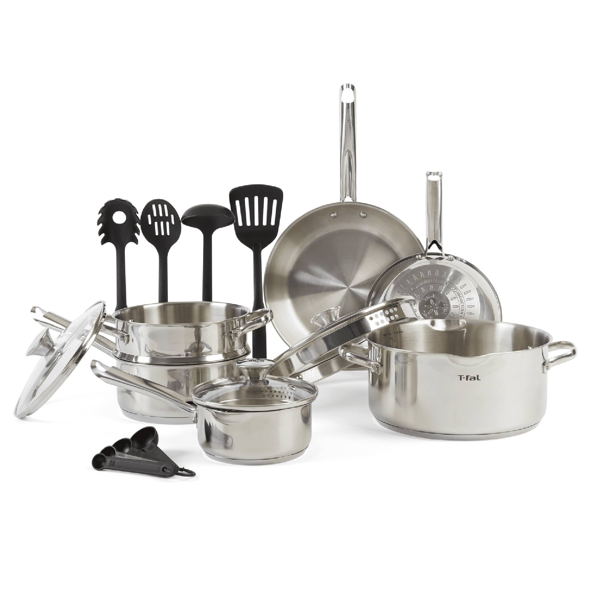 f59712337746c1d0b153e4cf058373b6866c4581ff7115950bc66c9853c4f18b.jpg T-Fal Cook & Strain Stainless Steel Cookware Set, 14 Piece Set - Image 1