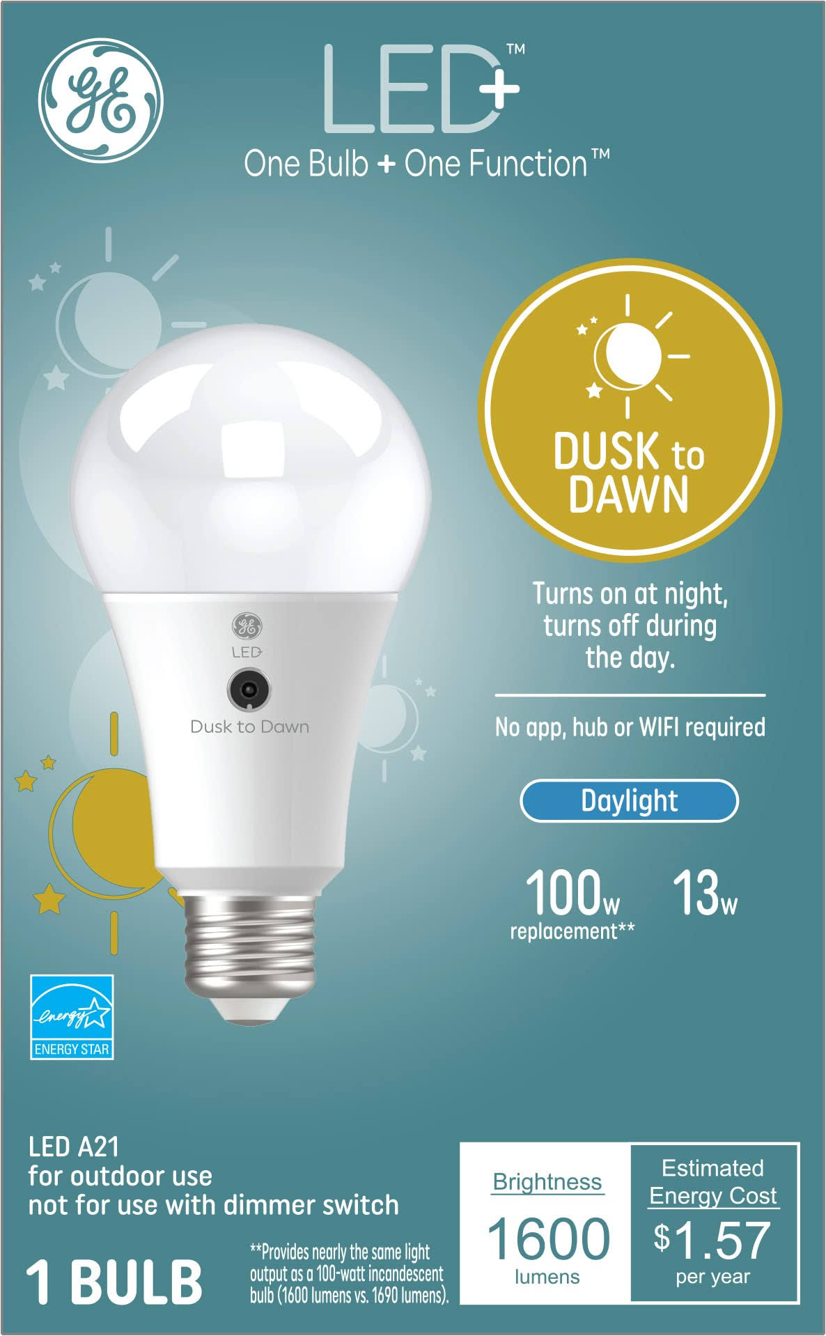 f5c460625647ba078aff5f24425ac330f4de354572ab19bbee2bcc86847bd987.jpg GE LED+ Dusk to Dawn 100-Watt EQ A21 Daylight LED Light Bulb - Image 1