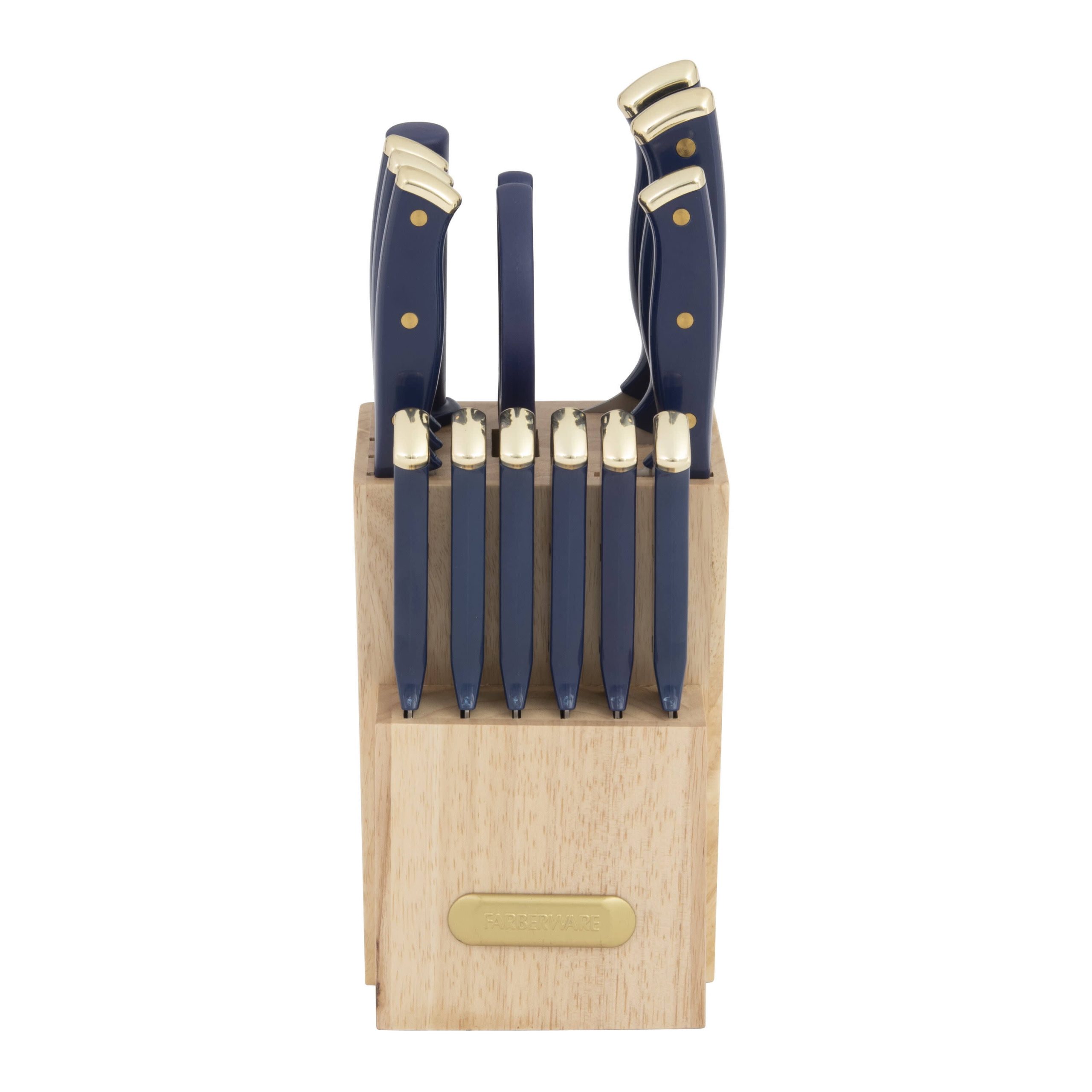 f5f3cee16410623ea871b552a185feb2883b05b4e7e6756c44f446a499ecd7c0.jpg Farberware Triple Riveted Knife Block Set, 15-Piece, Navy and Gold - Image 1