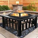 32'' Wood Burning Fire Pit Table, Outdoor Fireplace Square Metal Firepit 360Mesh Screen Lid Poker Deep Bowl, Black