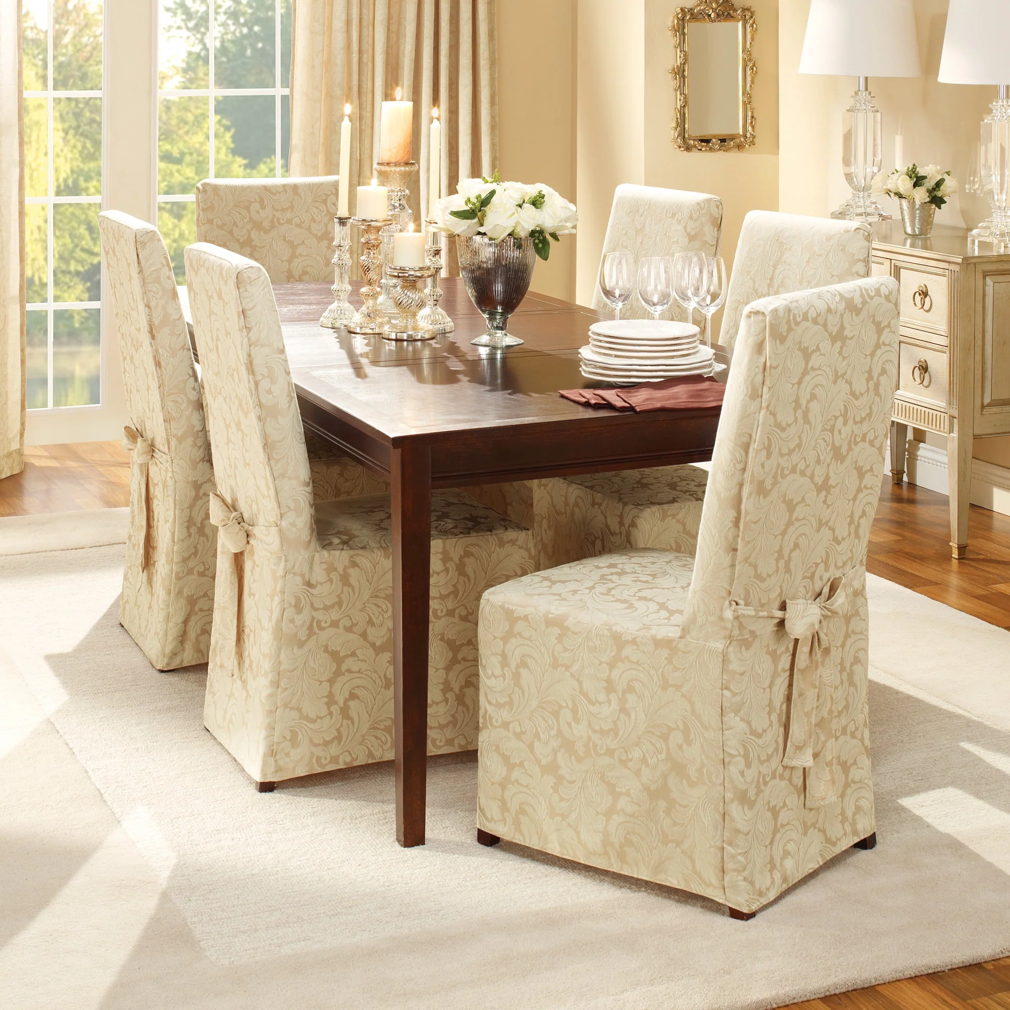 f65aecd7c3654dee361a114c5f4d37f02ddf23eb7407e20e8678270298e1429c.webp Sure Fit Scroll Full Length Skirt with Ties Dining Chair Slipcover, Champagne - Image 1