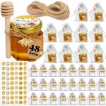 Aliggbent Honey Jars, 48 Pack Mini Honey Jars Party Favors in Bulk, 1.5 oz Small Hexagon Glass Honey Jars with Dipper,bee Stickers, Gold Lid, Cute Be