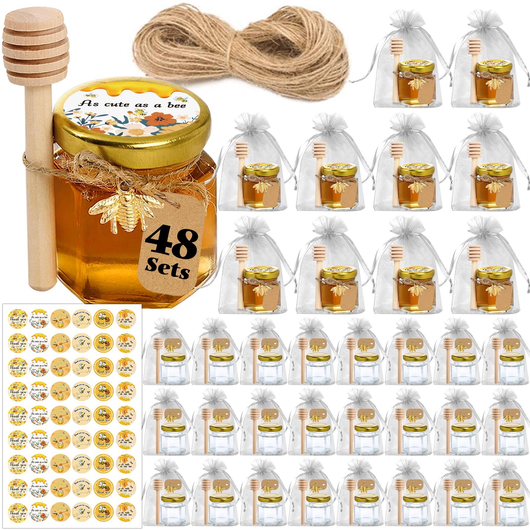 f661b72a644c6bb4fad95eaaa22855e5a66497baada6ab3af46007899bc36a68.jpg Aliggbent Honey Jars, 48 Pack Mini Honey Jars Party Favors in Bulk, 1.5 oz Small Hexagon Glass Honey Jars with Dipper,bee Stickers, Gold Lid, Cute Be - Image 1