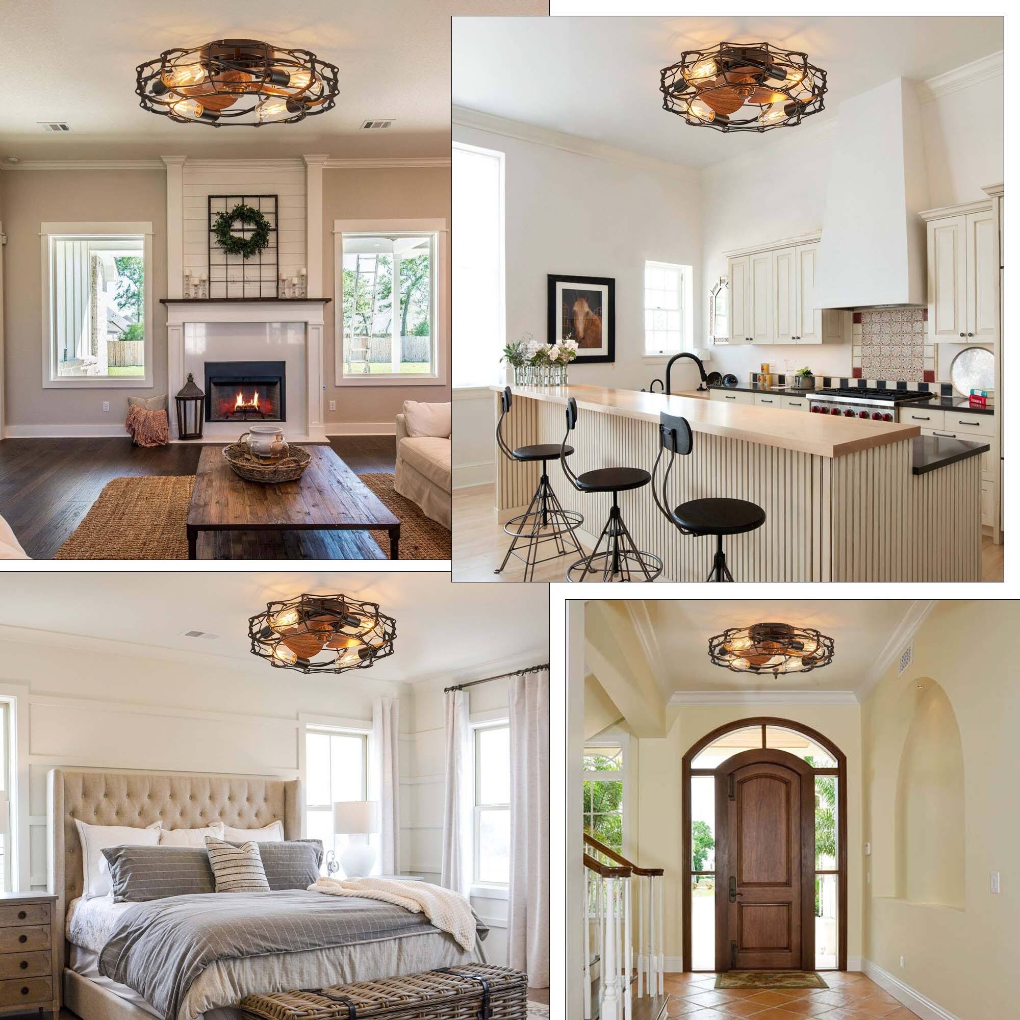 f6c3a62caaf5b8f1a7ab0745865fd43e593112138c498a7e83c7a0e11da5036f.jpg 20 in. Modern Farmhouse Ceiling Fan Light with Remote 4-Light Black Cage Wood Grain Rustic Indoor Fandelier for Bedroom - Black Flush Mount Light - Image 1