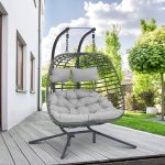 Brafab 2 Person Swing Egg Chair with Sturdy Stand and Fluffy Cushion, Large Double Hand-Woven Wicker Rattan Hanging Egg Chairs, Porch Swing Loveseat