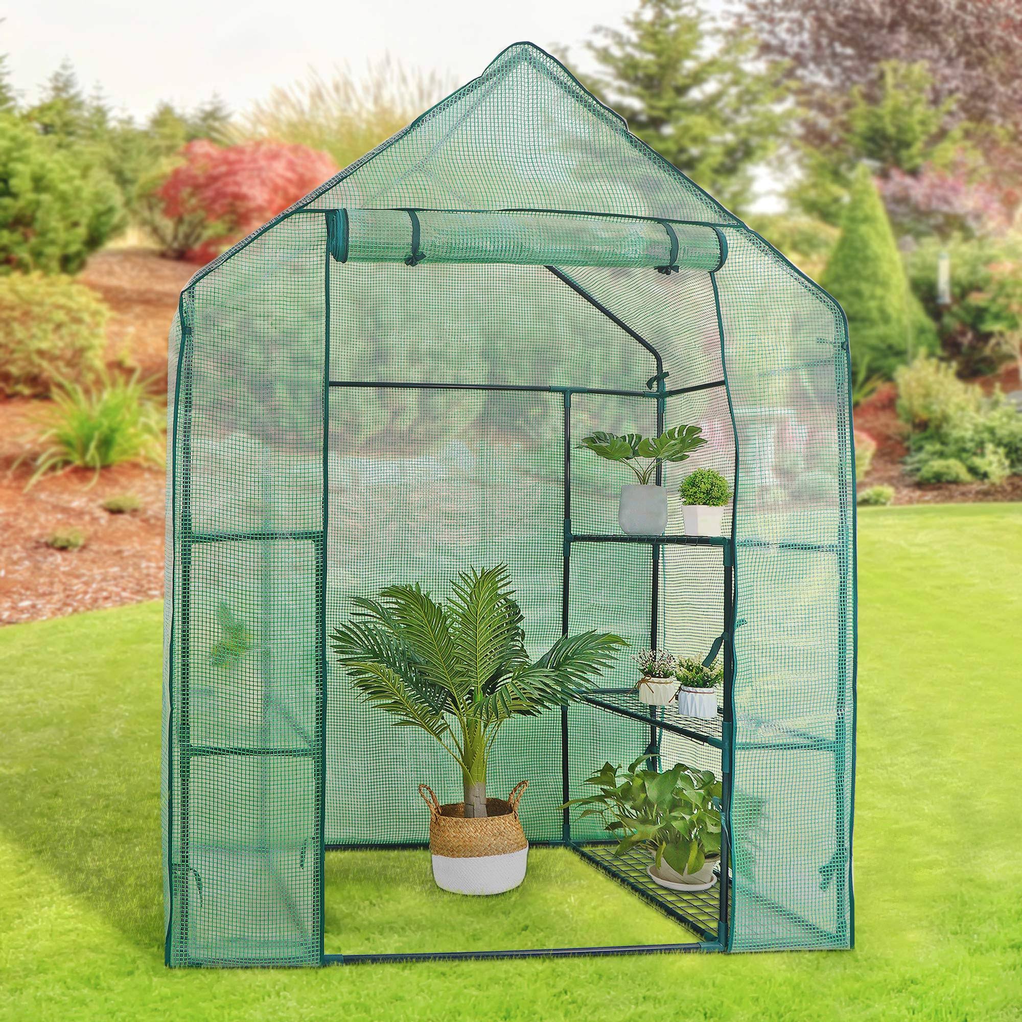 f78051e39072ec8210c4b5354600fec69856674b7f1210f180059b9278a13108.jpg BBBuy Outdoor Portable Walk-In Greenhouse 3 Tiers 6 Shelves w/ Durable PE Cover Roll Up Zipper Door Steel Frame Screen Windows Garden Greenhouse for - Image 1