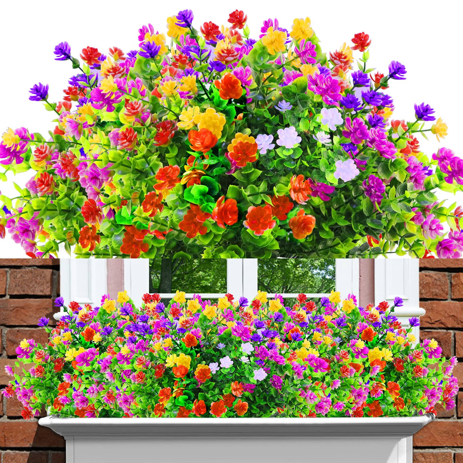 f7d0c214a6774a523928f963f39b4ec90d2c6b0cfd3d4df881a6172377961ca5.jpg 12 Bundles Outdoor Artificial Fake Flowers UV Resistant Rose Eucalyptus Leaf Plants, Faux Plastic Greenery Gypsophila for Indoor Outside Hanging - Image 1