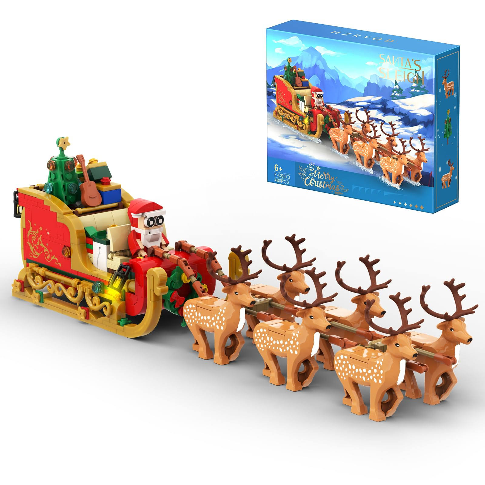f7ddba10cb7fe5d509910cc0230a11c84f32aa0f3b170efe59c6347252b699a0.jpg HzrYod Christmas Santa's Sleigh Building Kit, Santa Claus and Reindeer Building Sets with LED Light, Xmas Decoration Action Figures Building Bricks - Image 1