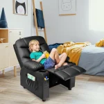 Infans Kids Youth Recliner Chair PU Leather W/Cup Holders & Side Pockets Black
