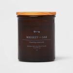 Amber Glass Whiskey + Oak Lidded Wood Wick Jar Candle 9oz - Threshold