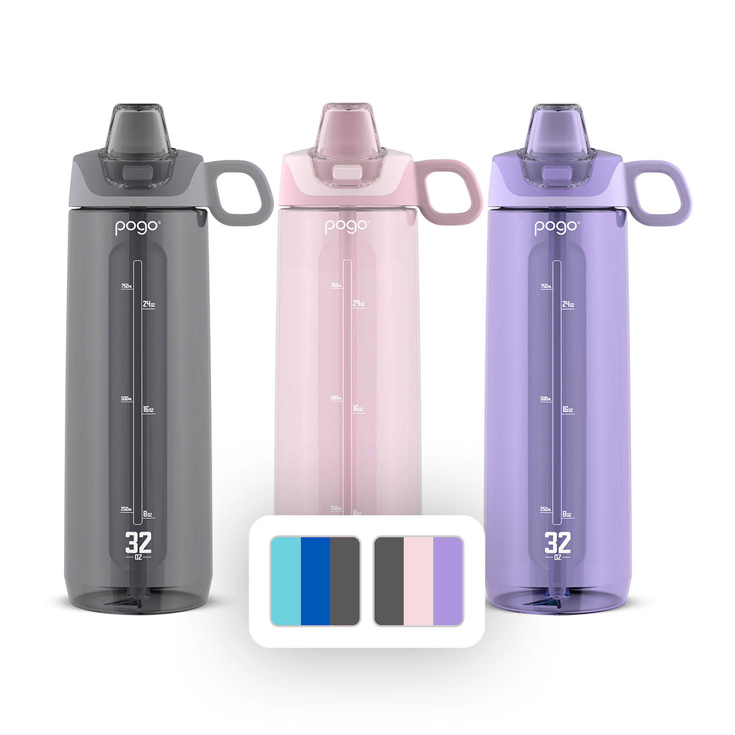 f800fcacb88a72221cfd7e656f01d57143d6fee37222bcd311e0e2de53bba38d.jpg Pogo 32oz Tritan Water Bottles, 3-Pack (Lilac, Pink Satin, Gray) - Image 1