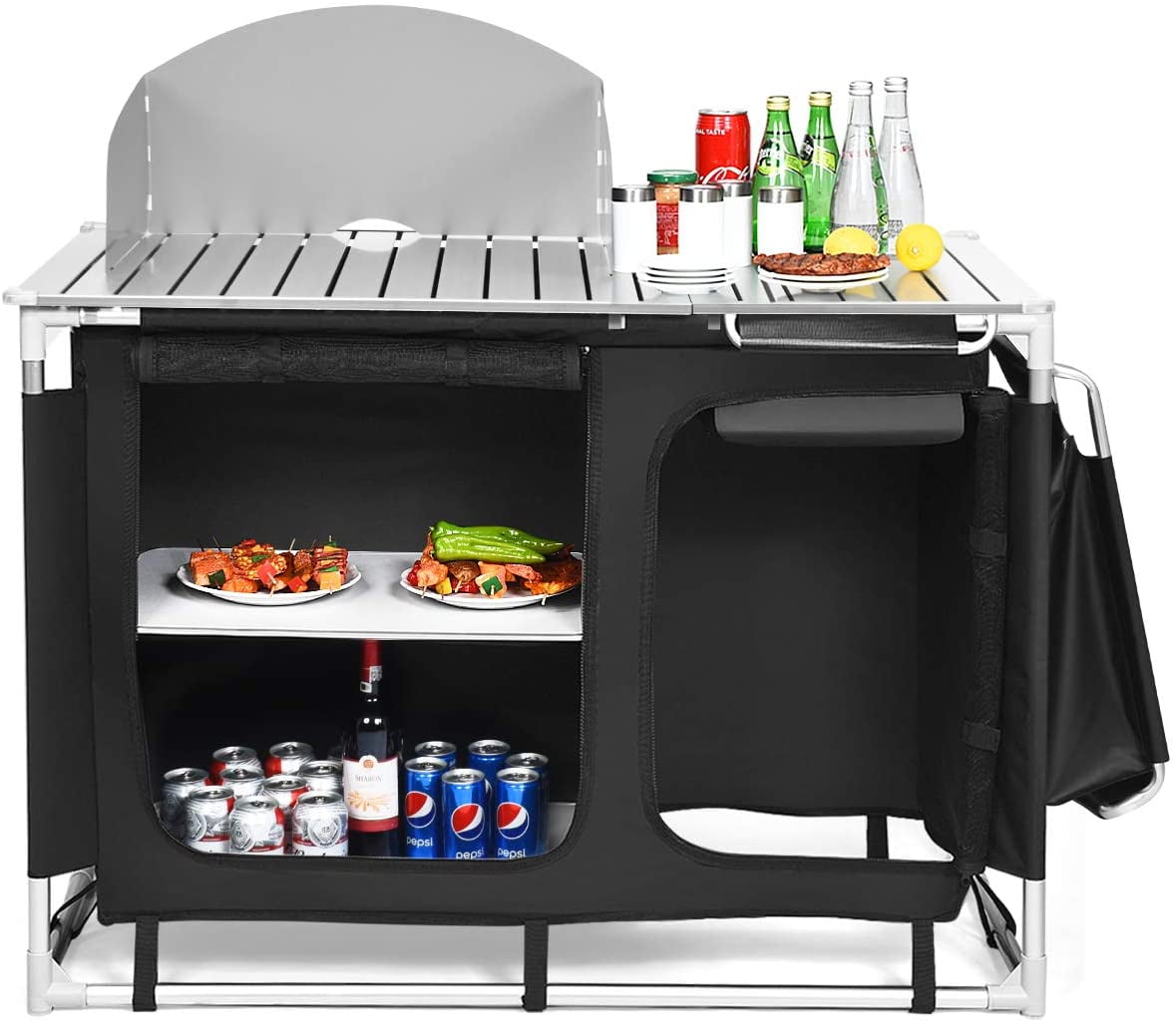 f80968fcc9dbcd03bef159d333e0d19734cf520433b7b147fdbdb3c246aa8b5a.jpg Camping Kitchen Table. Camping Grill Table w/Windscreen & Storage Organizer. Outdoor Kitchen Cook Station with Basin for BBQ. Party. Picnics. Backyards. BBQ Table - Image 1