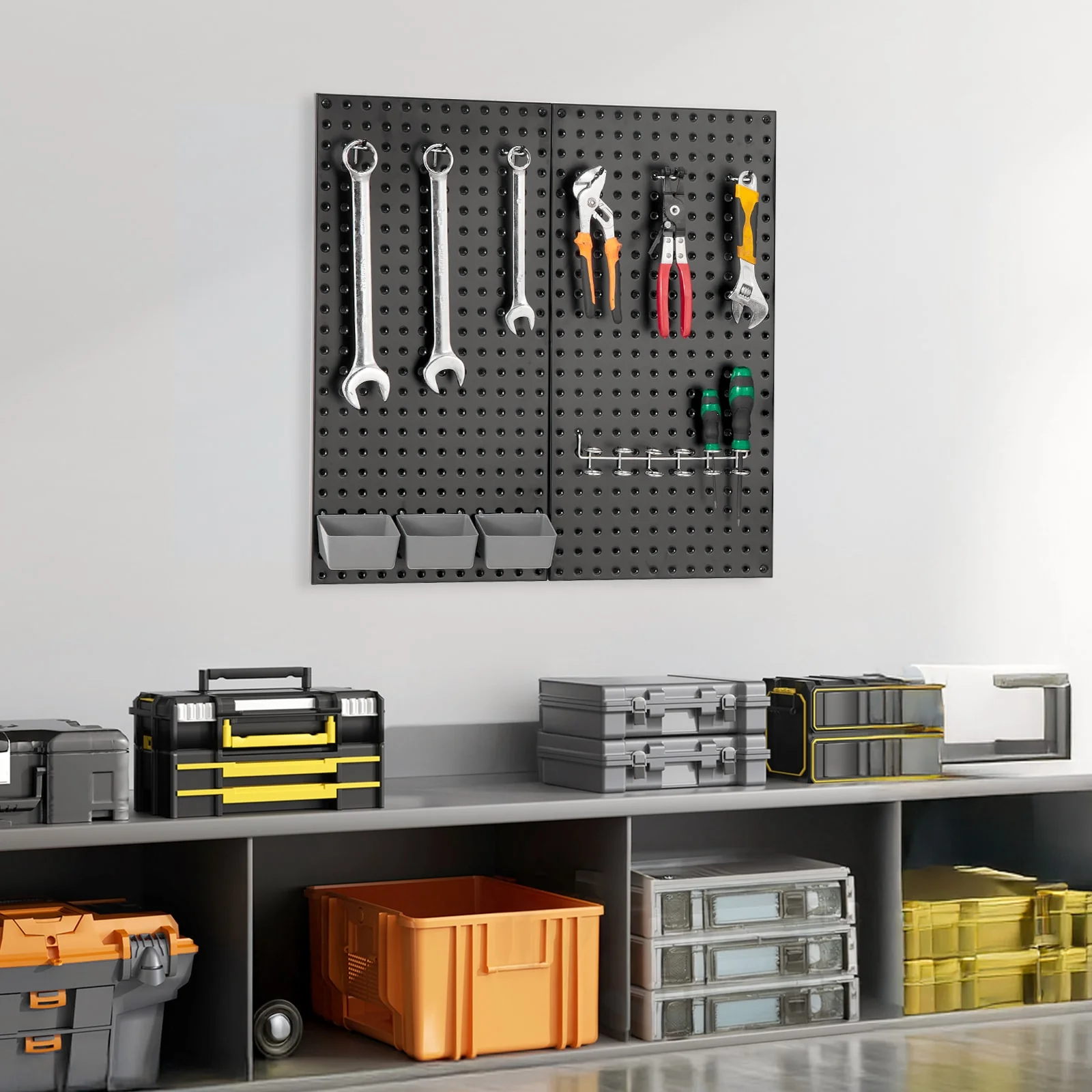 f80fee5ae35d94b9901336f3d36381c61de95e697e7e197967614ea40ace4202.webp Carbon steel/Polypropylene Socket storage 2 x Metal Pegboard Panels 8 x Yellow Expansion Plugs 8 x M5x 50 Self-tapping Screws - Image 1