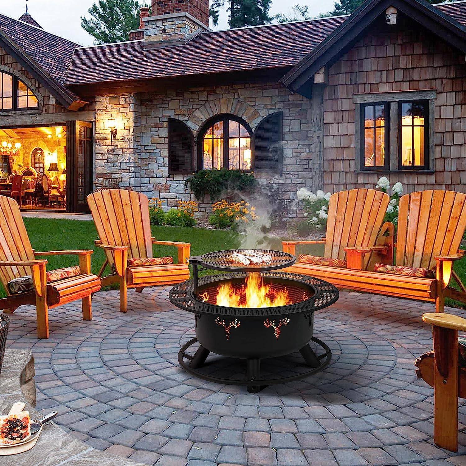 f8692f84cf82be05e3a9acfa9b9b00bf41b8829446aa3a854c85f1e287678823.jpg 32in Fire Pit Outdoor Wood Burning Firepits Outdoor Fireplace with 18.5 inch Swivel Cooking Grill Grate and Poker Fire Bowl for Camping, Backyard, BBQ - Image 1