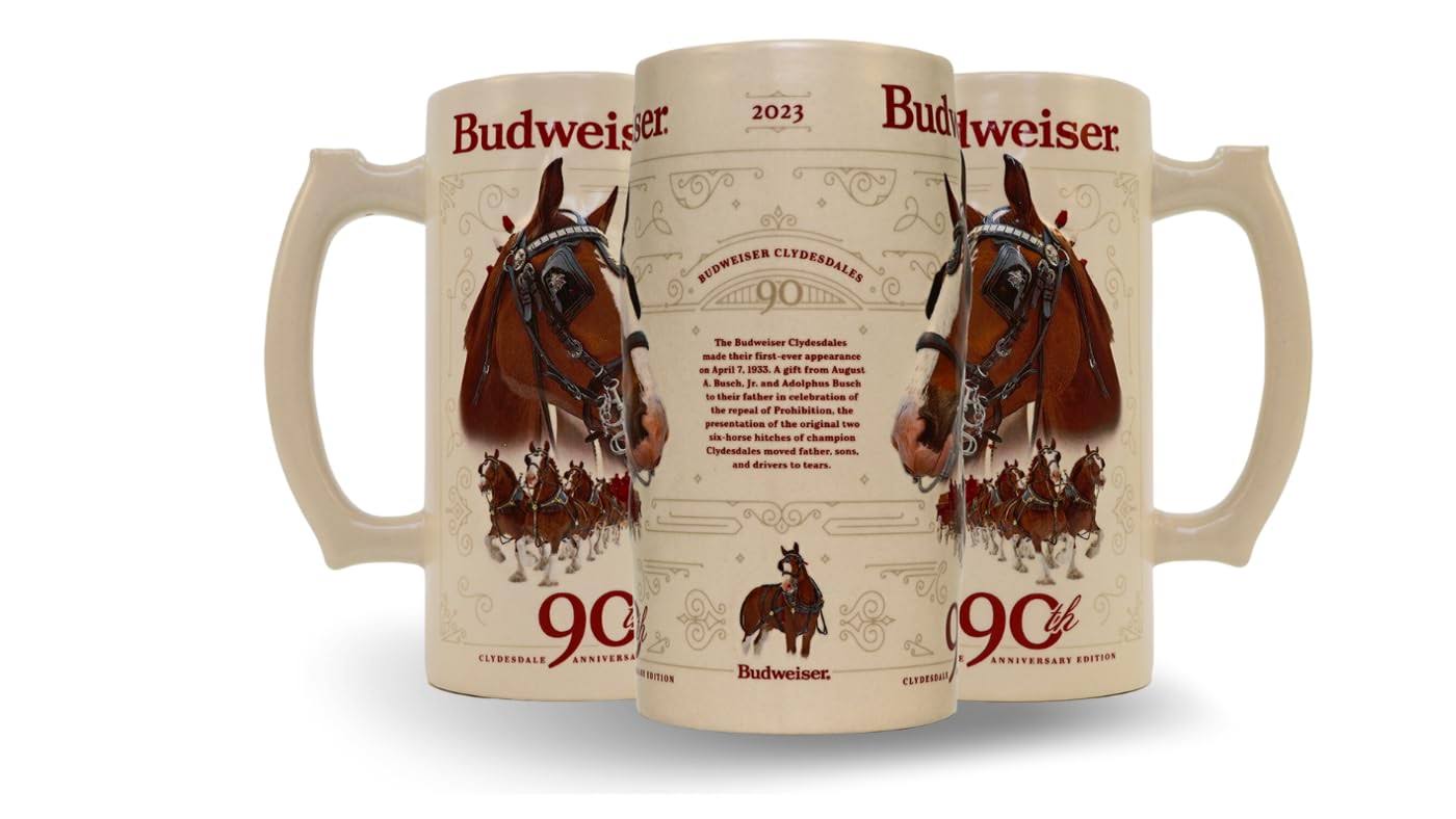 f882c6b5cf7c4671d7916591c9e040702361b0df026a9bb5a20181e0c08f729e.jpg Budweiser 2023 90th Anniversary Limited Edition Collectors Series #44 Clydesdale Holiday Stein - Ceramic Beer Mug - Christmas Gift for Men, Father, - Image 1