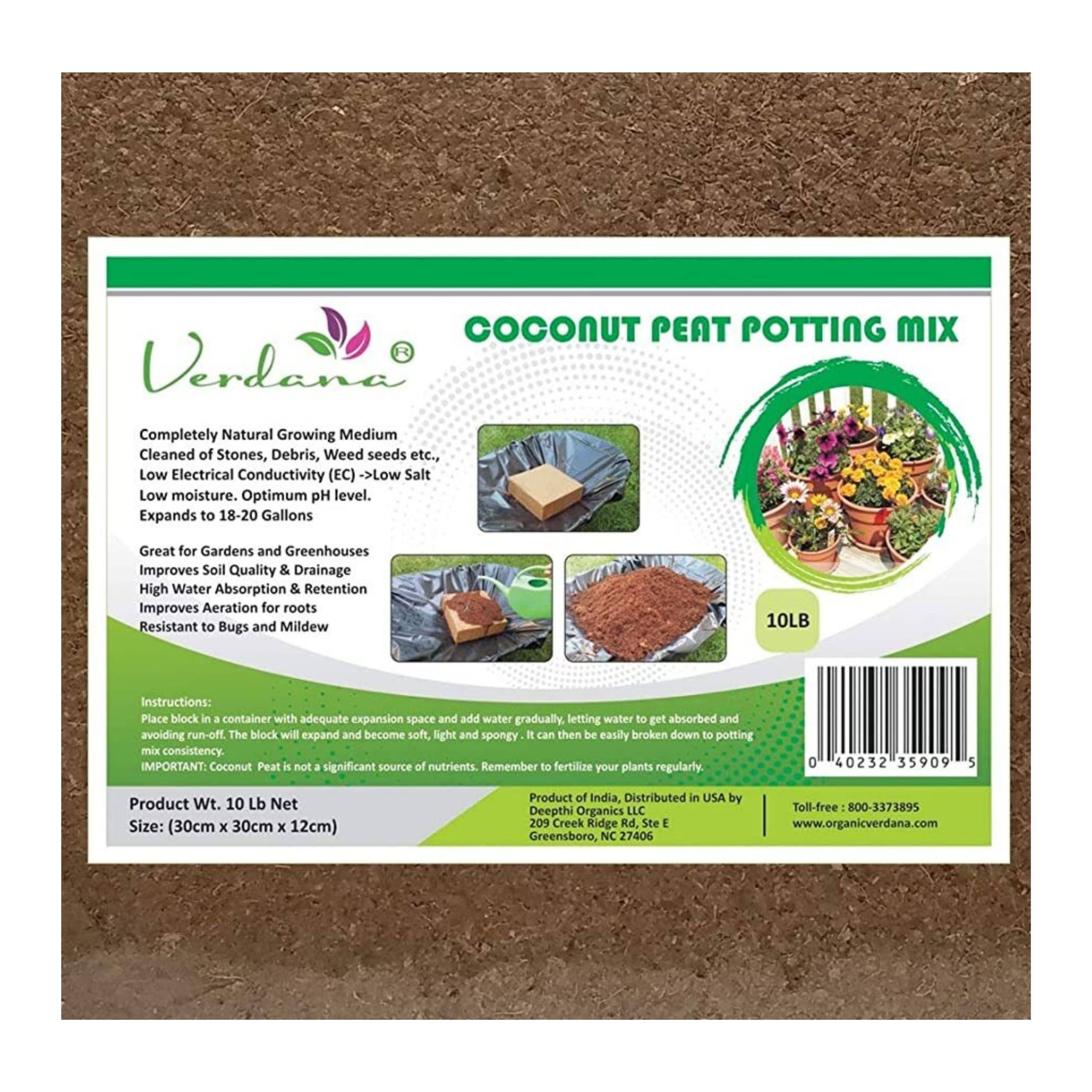f890fed6206c0f7173d23513d156441408673b4c20375a155a393b4c6fc833d0.jpg Verdana Coconut Fiber Potting Mix - 10 lb Compressed Block Brick - Coco Coir, Coco Peat, Coir Pith - Alternative to Peat Moss ÿ Soilless Growing - Image 1