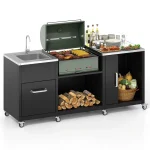 80" Outdoor Grill Table w/ Sink & Drainage, Heavy Duty Metal Grill Cart w/ Removable Stainless Steel Top & Cabinet, Portable BBQ Prep Table on Wheels