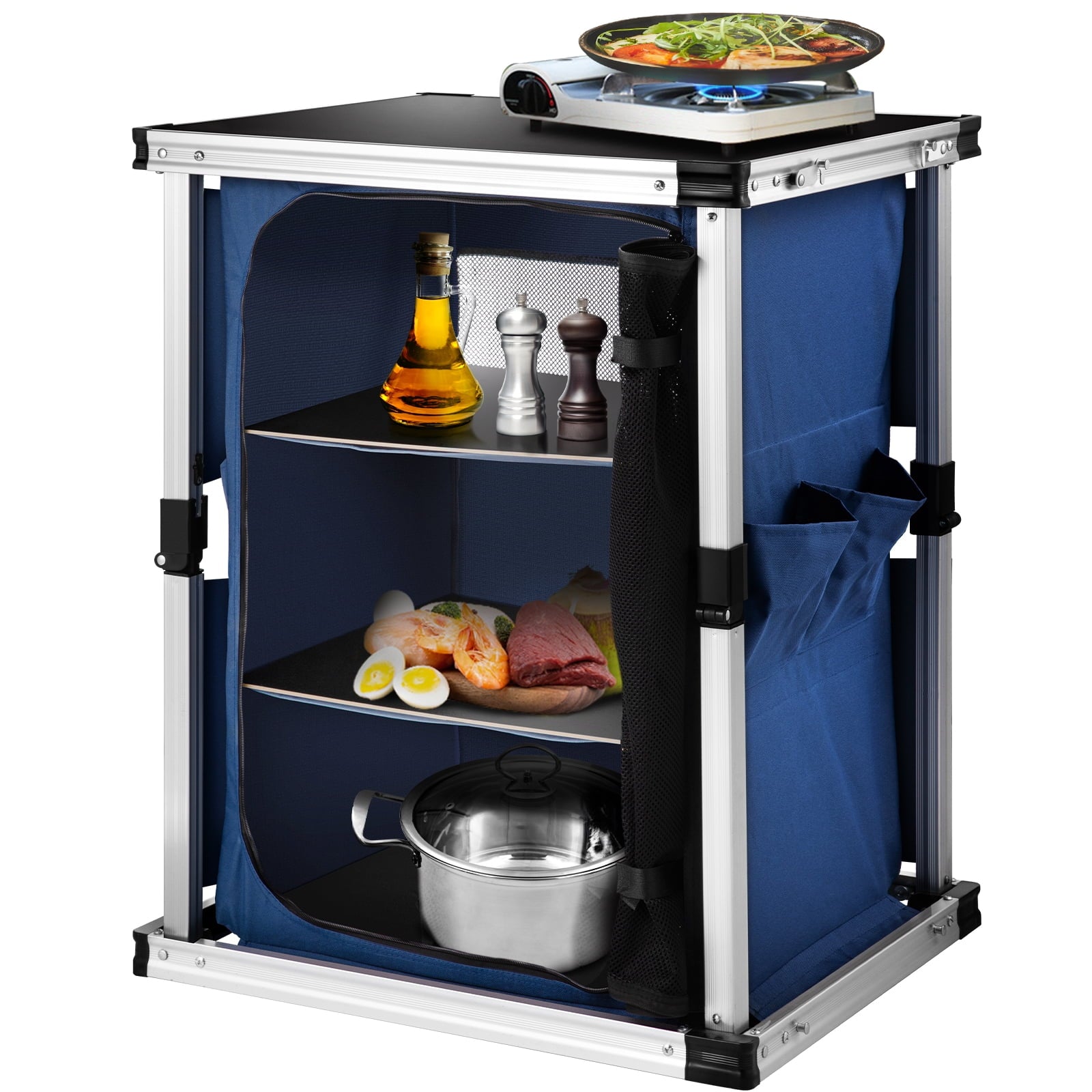 f90fe8c064c200f973f384e0906b68bdfc9da7712ba49424fe9230b3786f8a7d.jpg Camping Kitchen Station. Aluminum Portable Folding Cook Table with 3-Tier Storage Organizer. Side Pocket and Carrying Bag. for Outdoor BBQ Party Backyards and Tailgating. Blue - Image 1