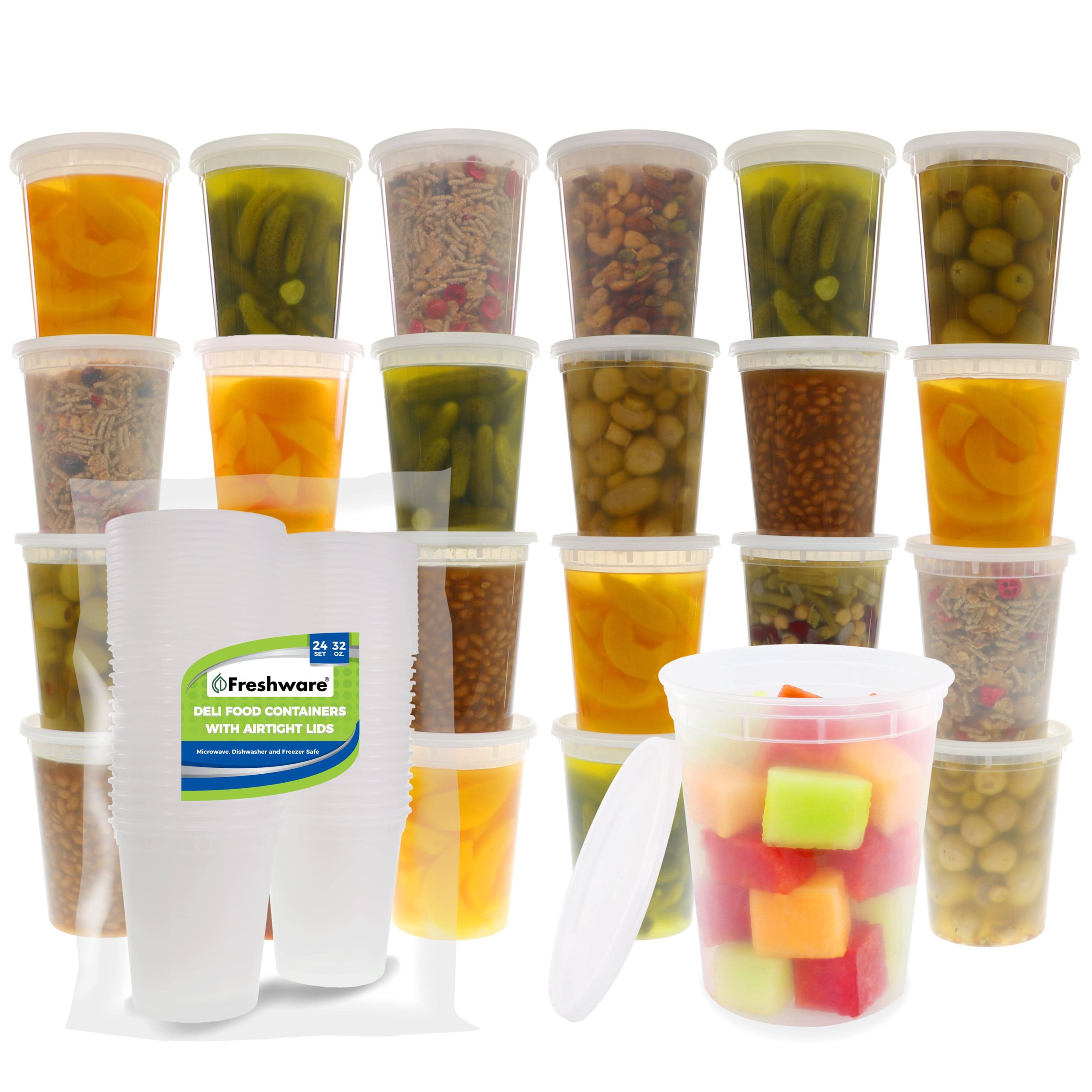 f9113552cd12c46fe51b9b7642514a2fbcfc4a667ac19850db243b89dde2bde5.jpg Freshware 24-Pack 32 oz Plastic Food Storage Containers with Lids - Image 1