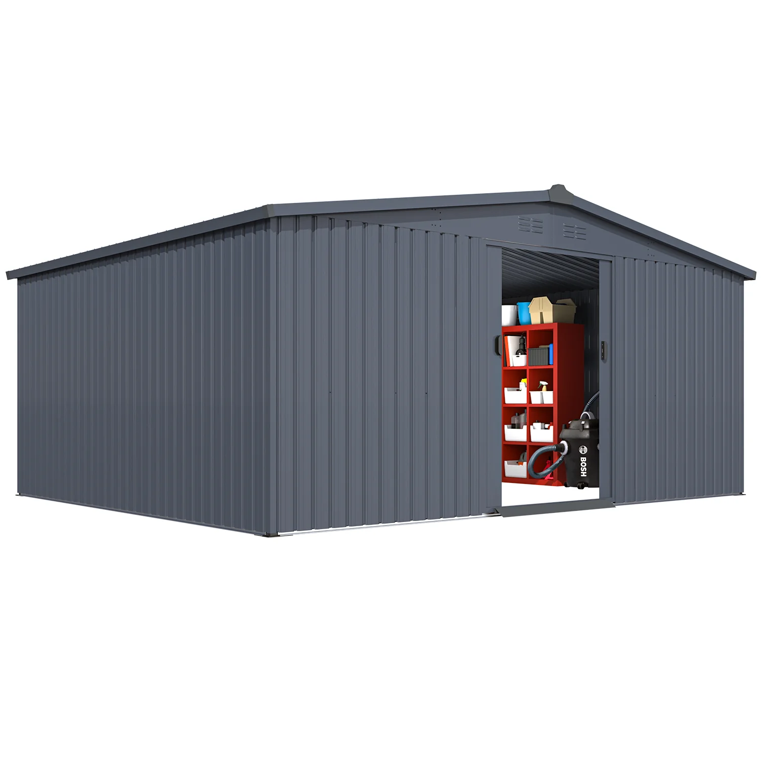 f935ff7502c444cf50a7d121794235ee2a7c0eb15bd360708742e4f4c26f8444.webp AECOJOY 12' x 14' Outdoor Storage Shed with Sliding Door, Metal Storage Tool Shed - Image 1