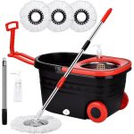 Spin Mop Bucket with Wringer Set for Home, 360 Extended Stainless Steel Handle, 3 Microfiber Replacement Mop Head Refills, 2 Wheels for Floor Cleaning