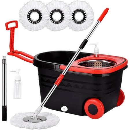 f988e93ff23477f761dd6fbd6d1346a17b05261a3cedb53933e0715f95ec2d6e.jpg Spin Mop Bucket with Wringer Set for Home, 360 Extended Stainless Steel Handle, 3 Microfiber Replacement Mop Head Refills, 2 Wheels for Floor Cleaning - Image 1