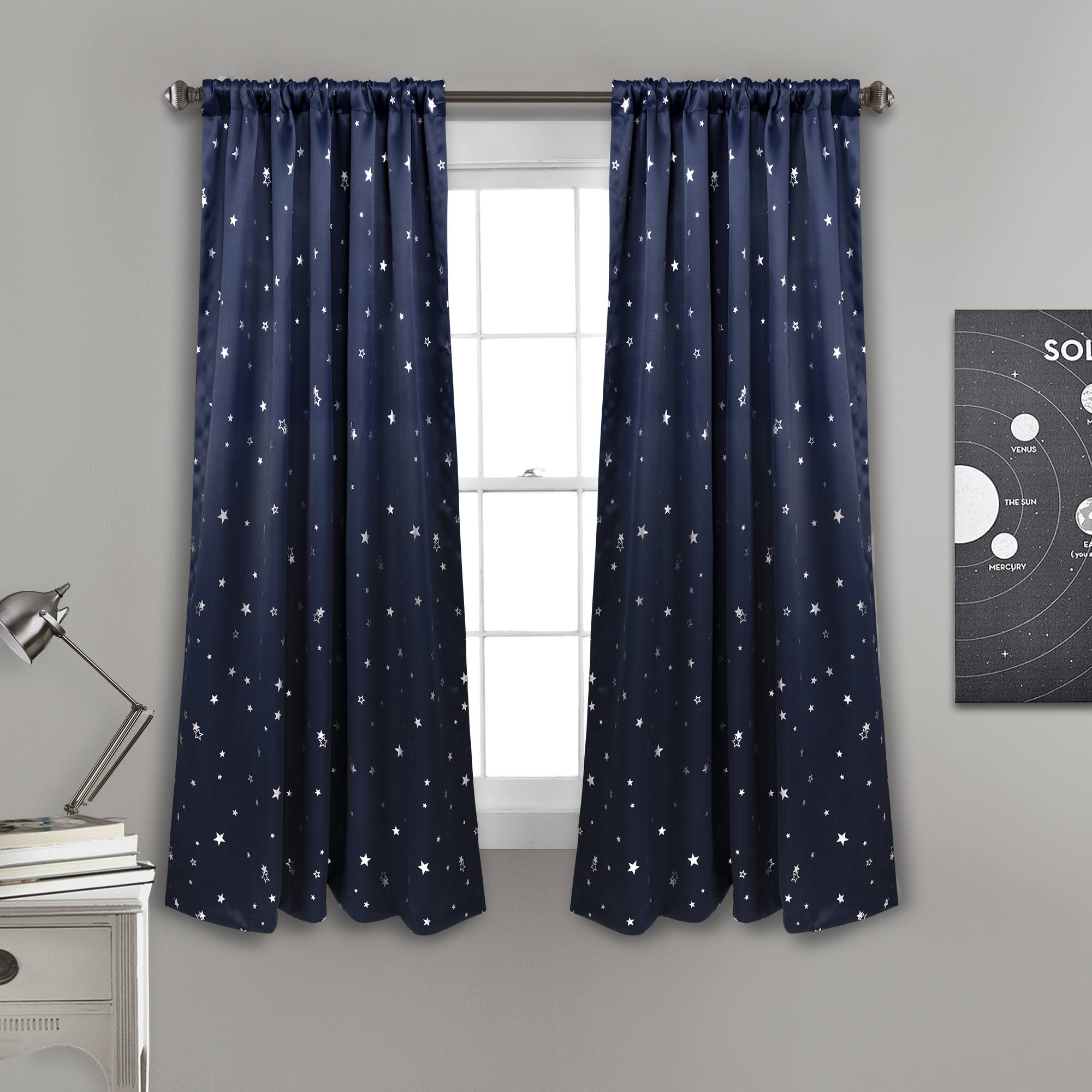 f98cf6572e48afa8d9318f186179852f6d135d3482851c309681a1a968b10408.jpg Lush Decor Star Blackout Window Curtain Panel - Navy - Size:52"x63" - Image 1