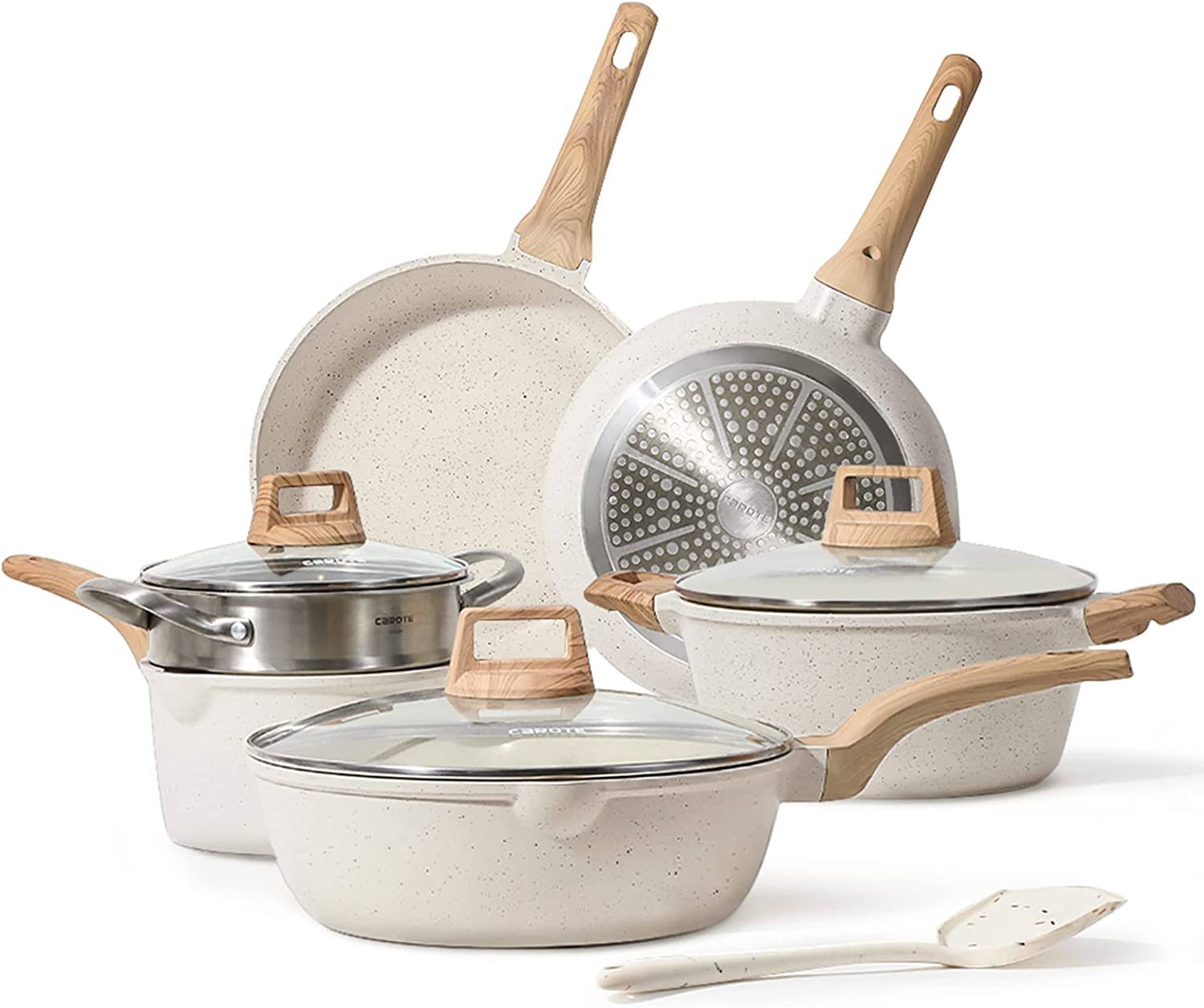 f9e0024bf02f7bbba4dfa355560198b1e27b97649e064b345968b59cca284341.jpg Carote White Granite Nonstick Cookware Set 10 Pcs Healthy Cooking Pots and Pans - Image 1